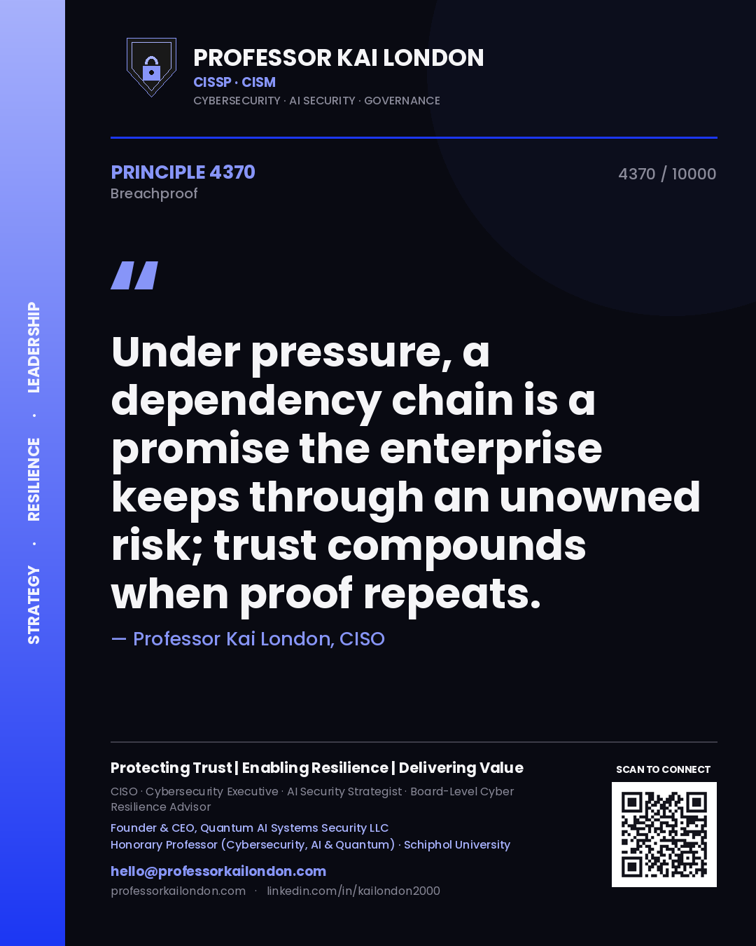 Professor Kai London principle 4370: Under pressure, a dependency chain is a promise the enterprise keeps through an unowned risk; trust compounds when proof repeats.