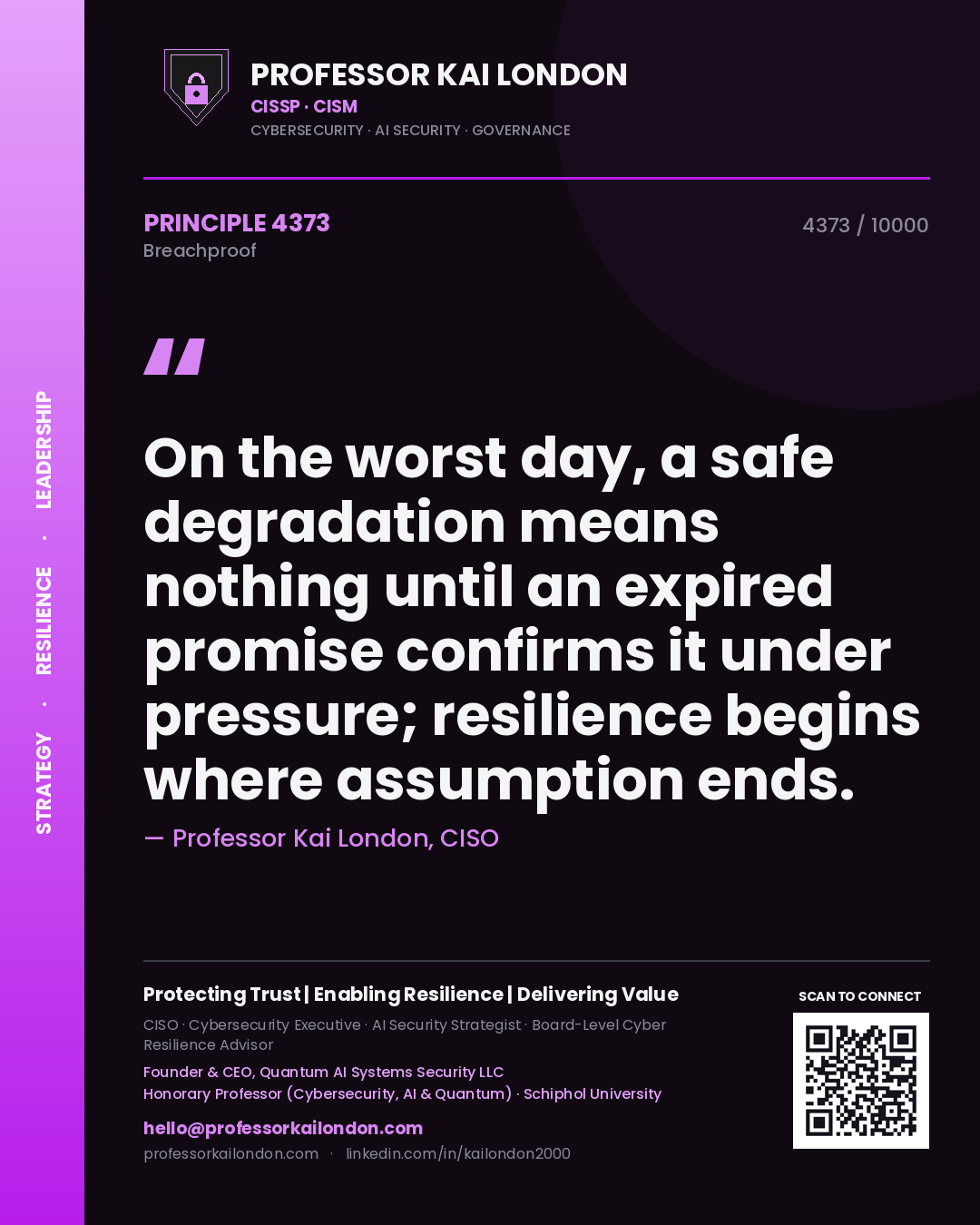 Quote card by Professor Kai London reading 'On the worst day, a safe degradation means nothing until an expired promise confirms it under pressure; resilience begins where assumption ends.'. From the book Breachproof.