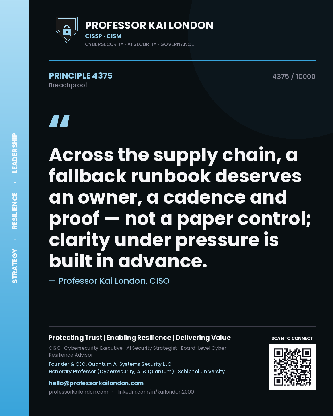 Professor Kai London principle 4375: Across the supply chain, a fallback runbook deserves an owner, a cadence and proof — not a paper control; clarity under pressure is built in advance.