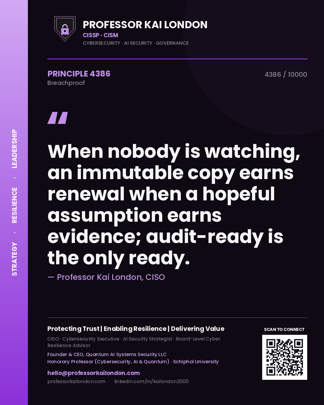 Quote card by Professor Kai London reading 'When nobody is watching, an immutable copy earns renewal when a hopeful assumption earns evidence; audit-ready is the only ready.'. From the book Breachproof.