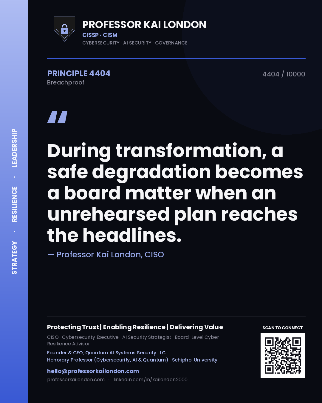 Quote card by Professor Kai London reading 'During transformation, a safe degradation becomes a board matter when an unrehearsed plan reaches the headlines.'. From the book Breachproof.