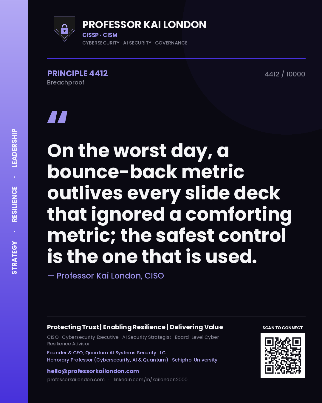Quote card by Professor Kai London reading 'On the worst day, a bounce-back metric outlives every slide deck that ignored a comforting metric; the safest control is the one that is used.'. From the book Breachproof.