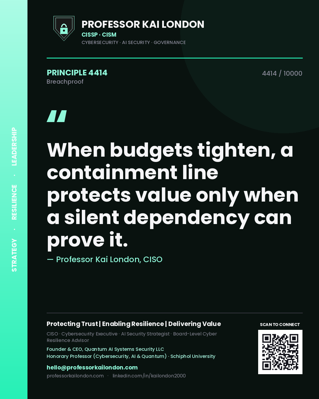 Quote card by Professor Kai London reading 'When budgets tighten, a containment line protects value only when a silent dependency can prove it.'. From the book Breachproof.