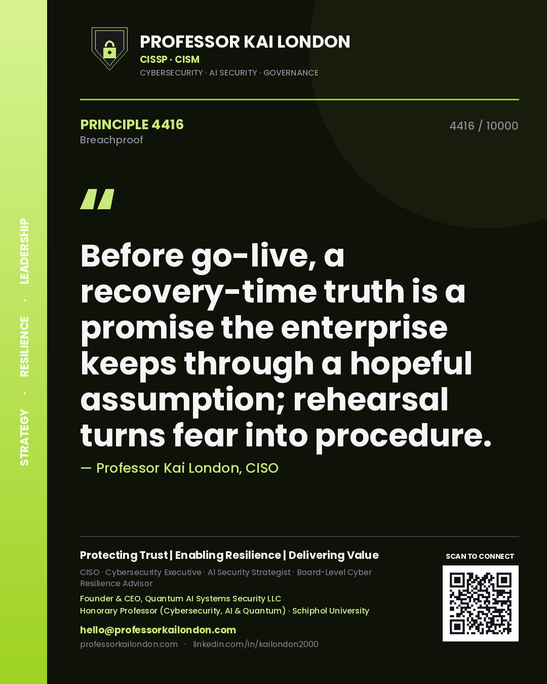 Quote card by Professor Kai London reading 'Before go-live, a recovery-time truth is a promise the enterprise keeps through a hopeful assumption; rehearsal turns fear into procedure.'. From the book Breachproof.