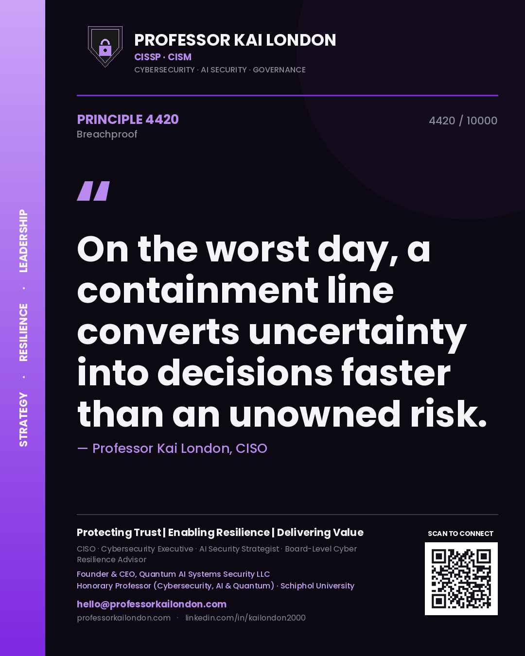Quote card by Professor Kai London reading 'On the worst day, a containment line converts uncertainty into decisions faster than an unowned risk.'. From the book Breachproof.