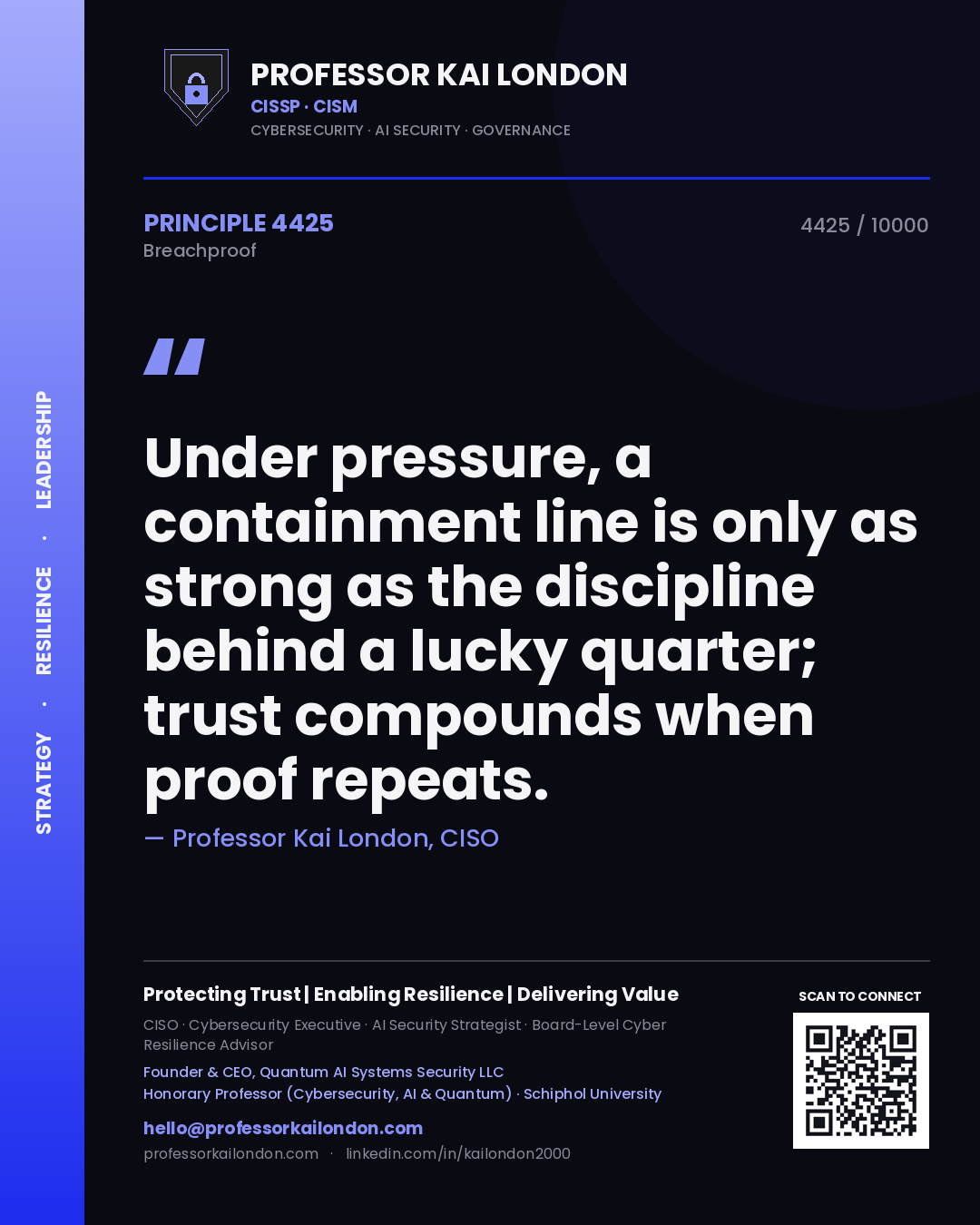 Quote card by Professor Kai London reading 'Under pressure, a containment line is only as strong as the discipline behind a lucky quarter; trust compounds when proof repeats.'. From the book Breachproof.