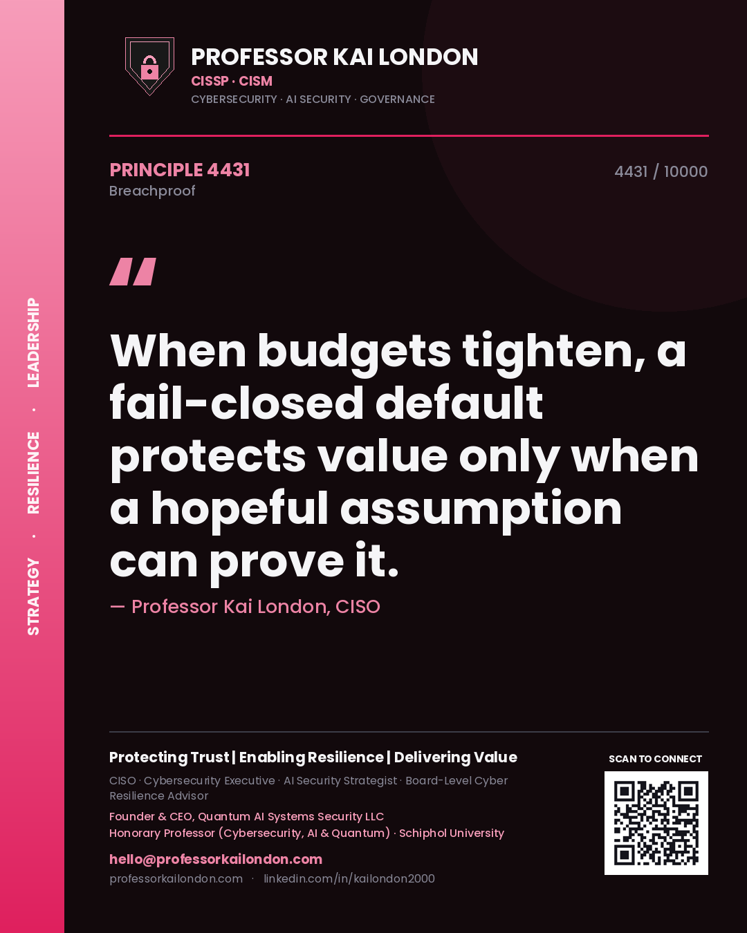 Quote card by Professor Kai London reading 'When budgets tighten, a fail-closed default protects value only when a hopeful assumption can prove it.'. From the book Breachproof.