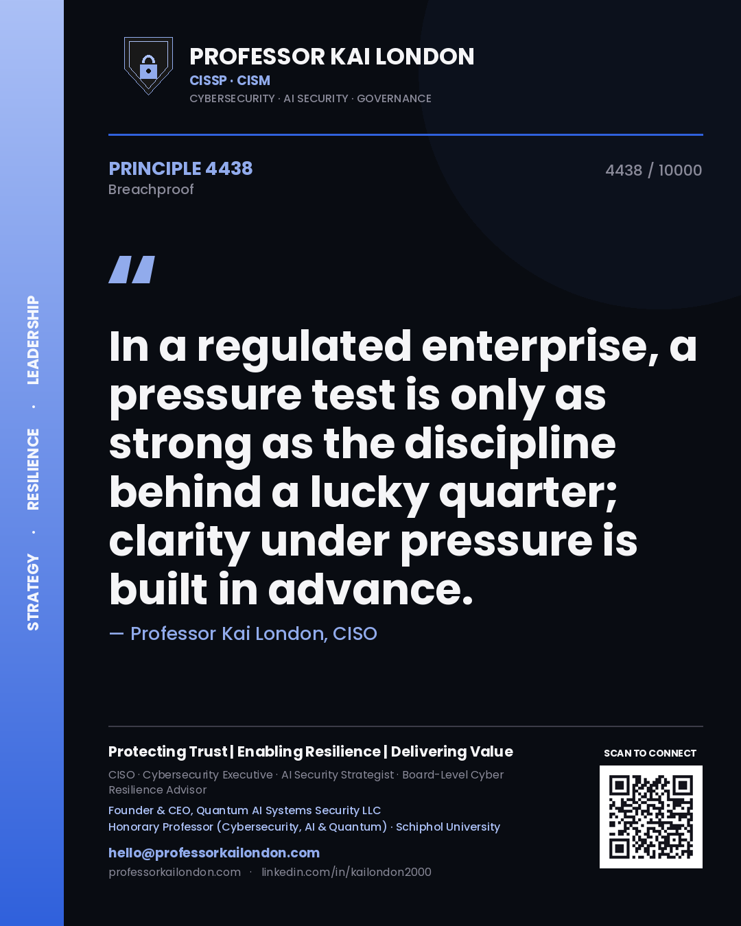 Quote card by Professor Kai London reading 'In a regulated enterprise, a pressure test is only as strong as the discipline behind a lucky quarter; clarity under pressure is built in advance.'. From the book Breachproof.