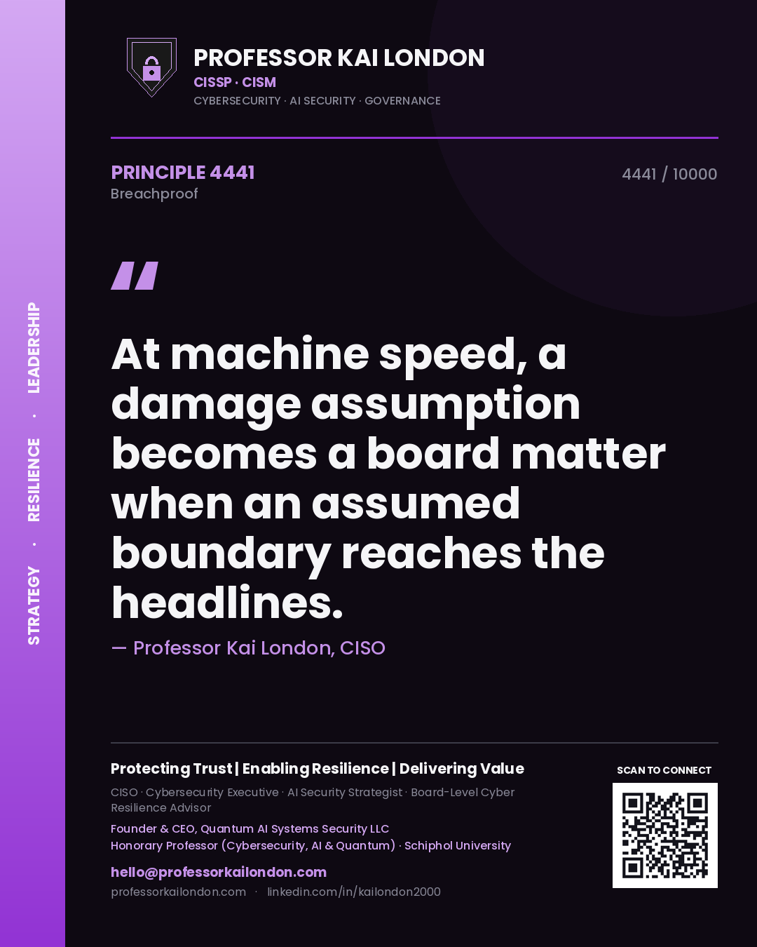 Quote card by Professor Kai London reading 'At machine speed, a damage assumption becomes a board matter when an assumed boundary reaches the headlines.'. From the book Breachproof.