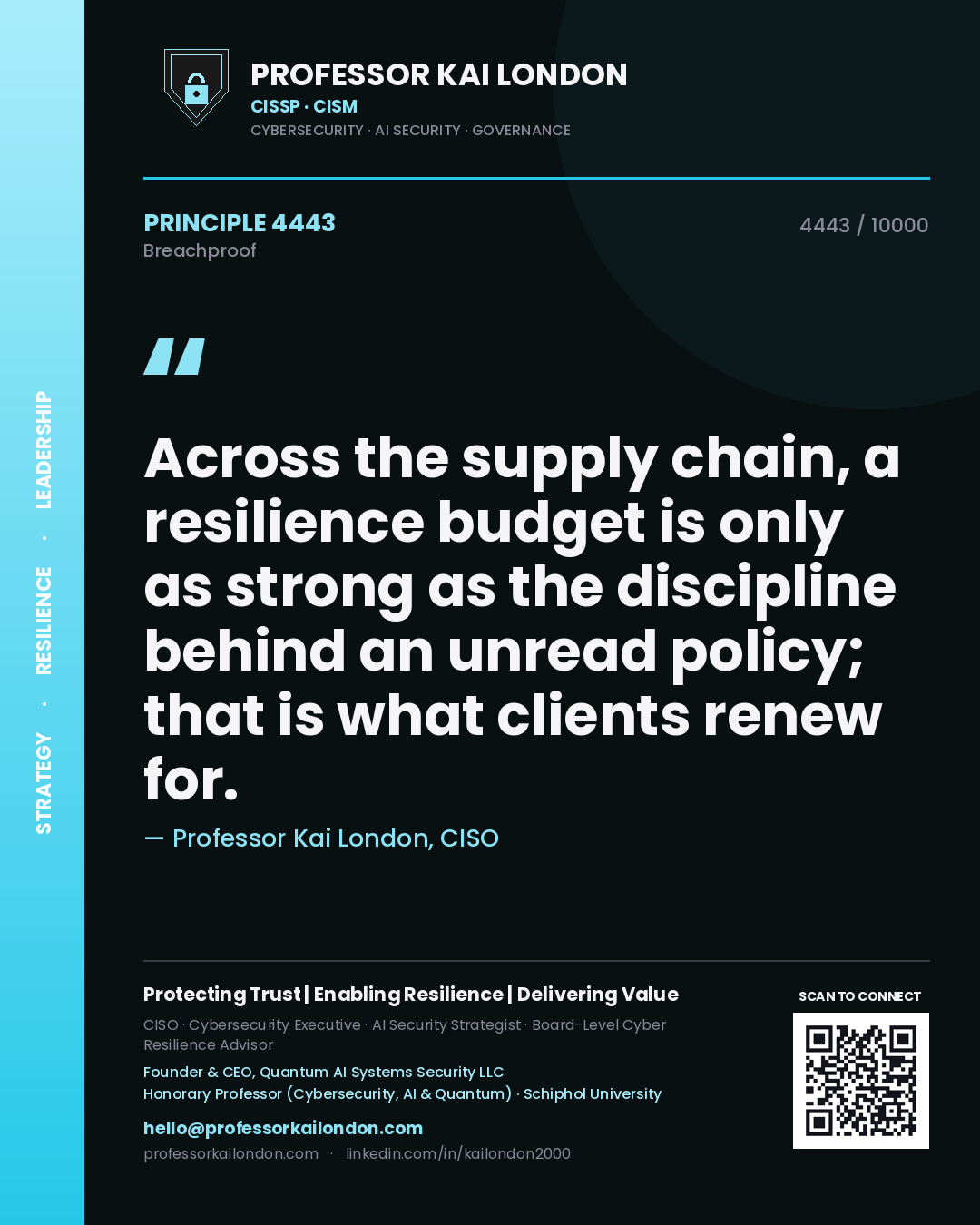 Quote card by Professor Kai London reading 'Across the supply chain, a resilience budget is only as strong as the discipline behind an unread policy; that is what clients renew for.'. From the book Breachproof.