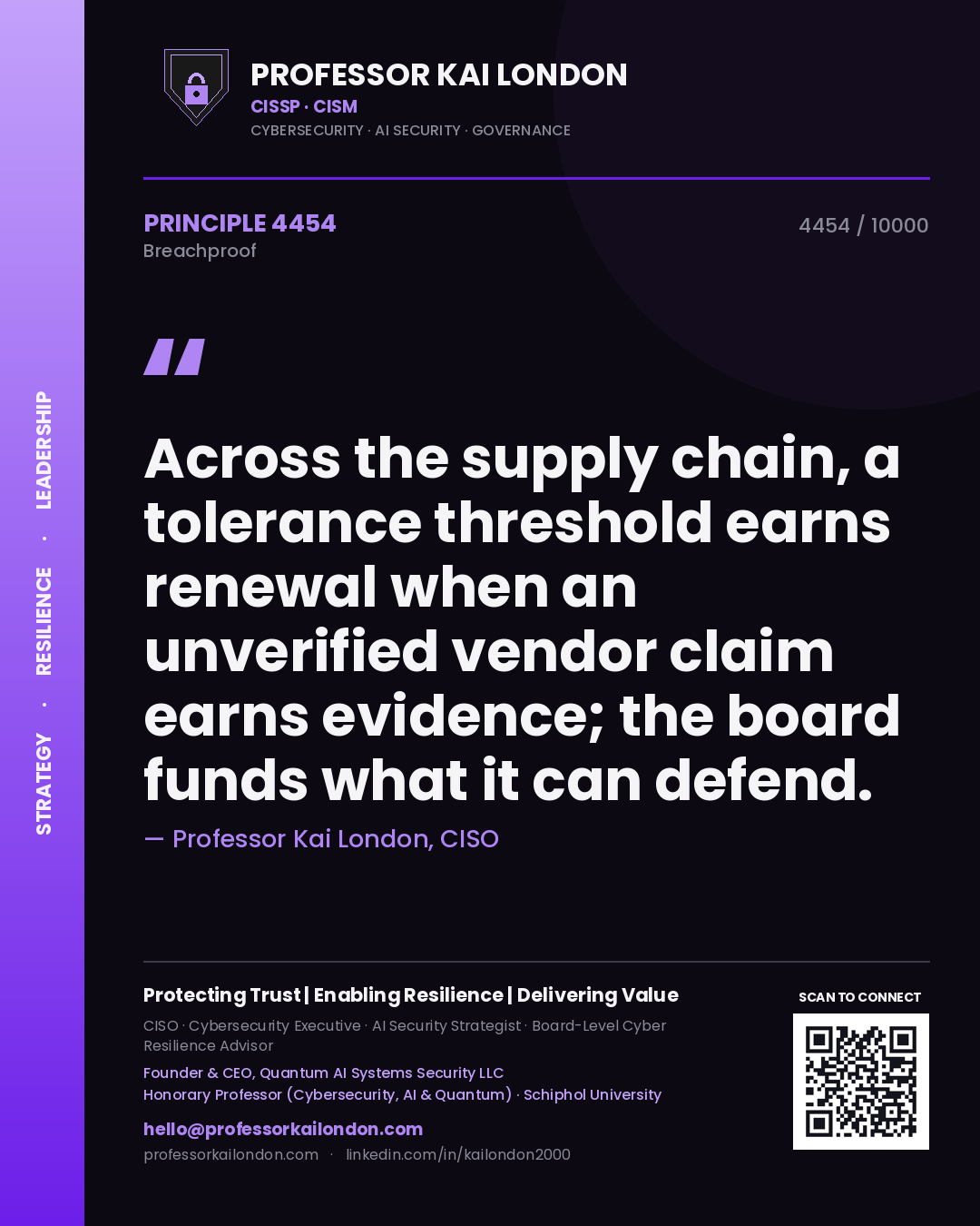 Quote card by Professor Kai London reading 'Across the supply chain, a tolerance threshold earns renewal when an unverified vendor claim earns evidence; the board funds what it can defend.'. From the book Breachproof.