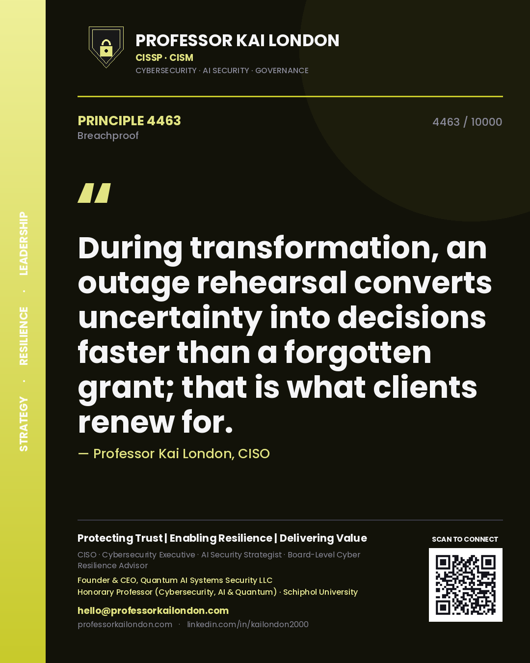 Quote card by Professor Kai London reading 'During transformation, an outage rehearsal converts uncertainty into decisions faster than a forgotten grant; that is what clients renew for.'. From the book Breachproof.
