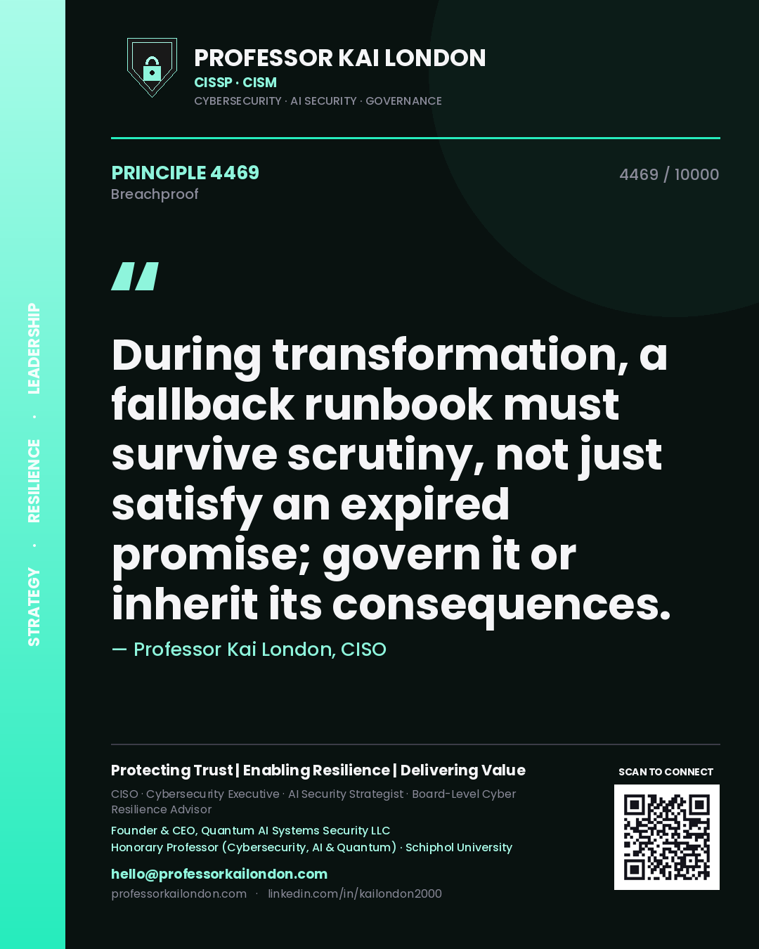 Quote card by Professor Kai London reading 'During transformation, a fallback runbook must survive scrutiny, not just satisfy an expired promise; govern it or inherit its consequences.'. From the book Breachproof.