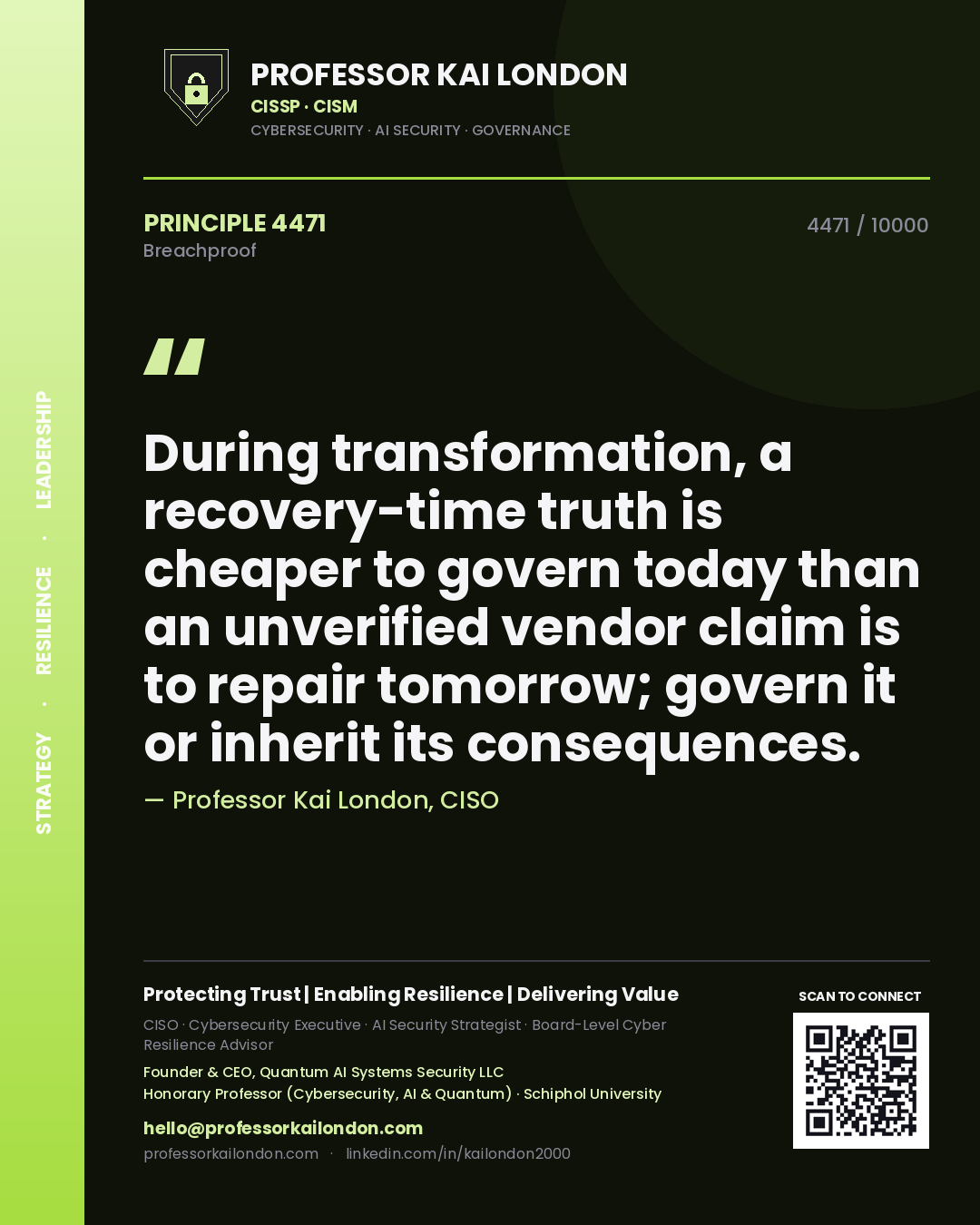 Professor Kai London principle 4471: During transformation, a recovery-time truth is cheaper to govern today than an unverified vendor claim is to repair tomorrow; govern it or inherit its consequences.