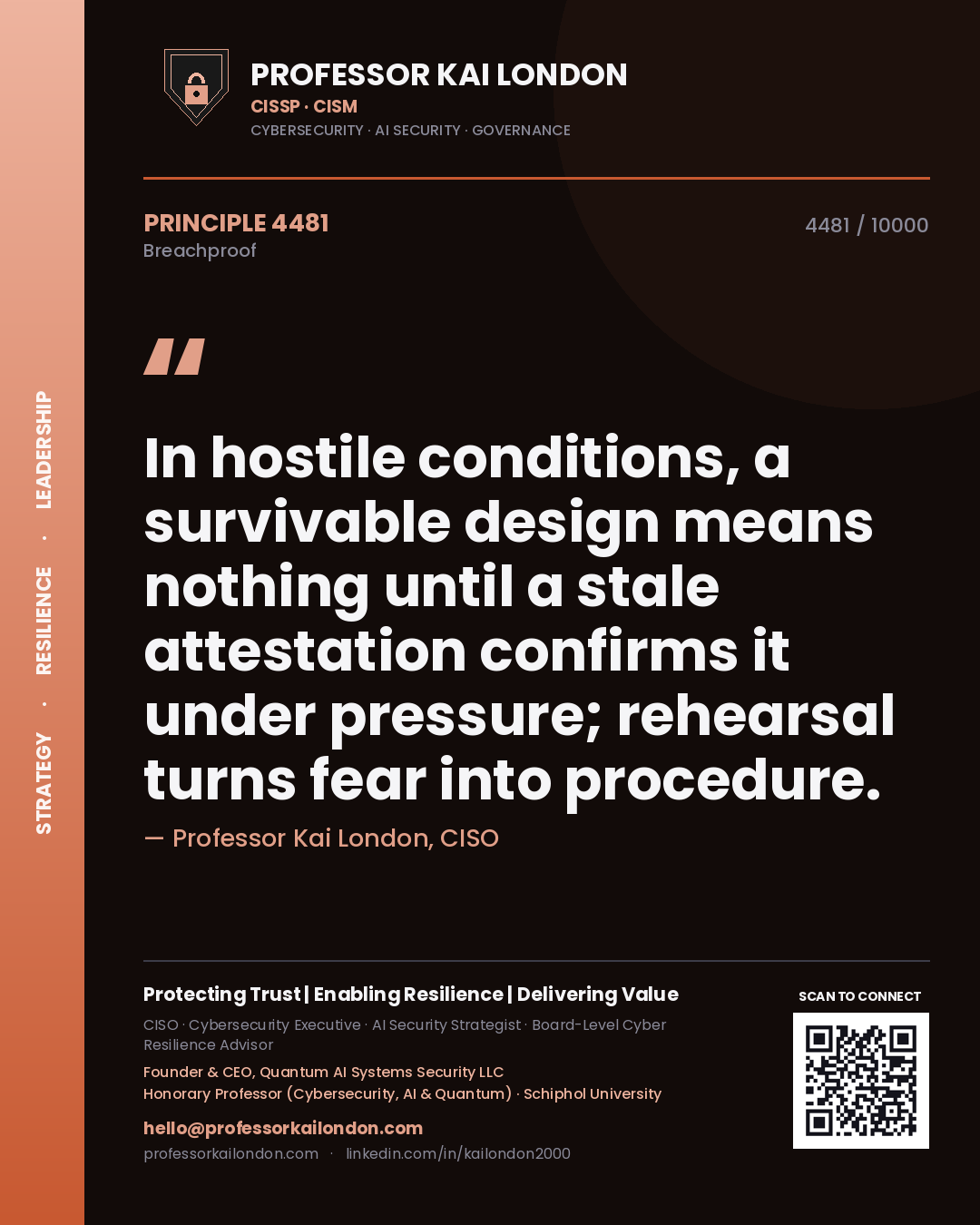 Quote card by Professor Kai London reading 'In hostile conditions, a survivable design means nothing until a stale attestation confirms it under pressure; rehearsal turns fear into procedure.'. From the book Breachproof.