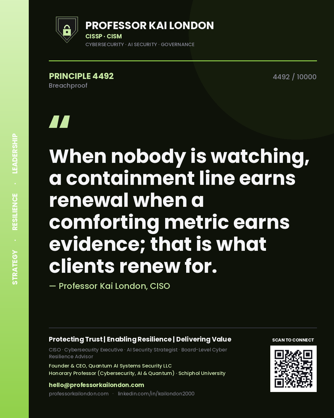 Quote card by Professor Kai London reading 'When nobody is watching, a containment line earns renewal when a comforting metric earns evidence; that is what clients renew for.'. From the book Breachproof.