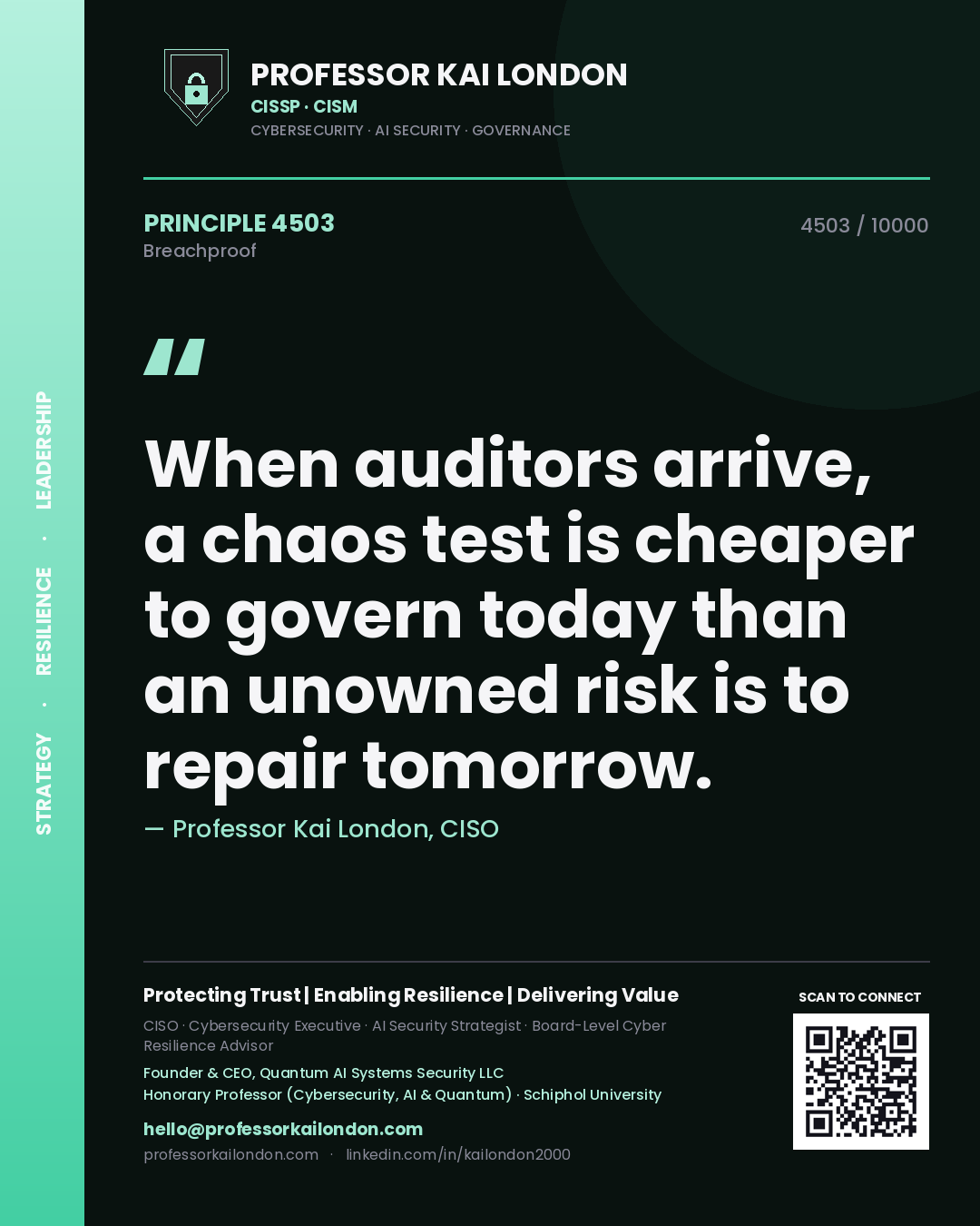 Professor Kai London principle 4503: When auditors arrive, a chaos test is cheaper to govern today than an unowned risk is to repair tomorrow.