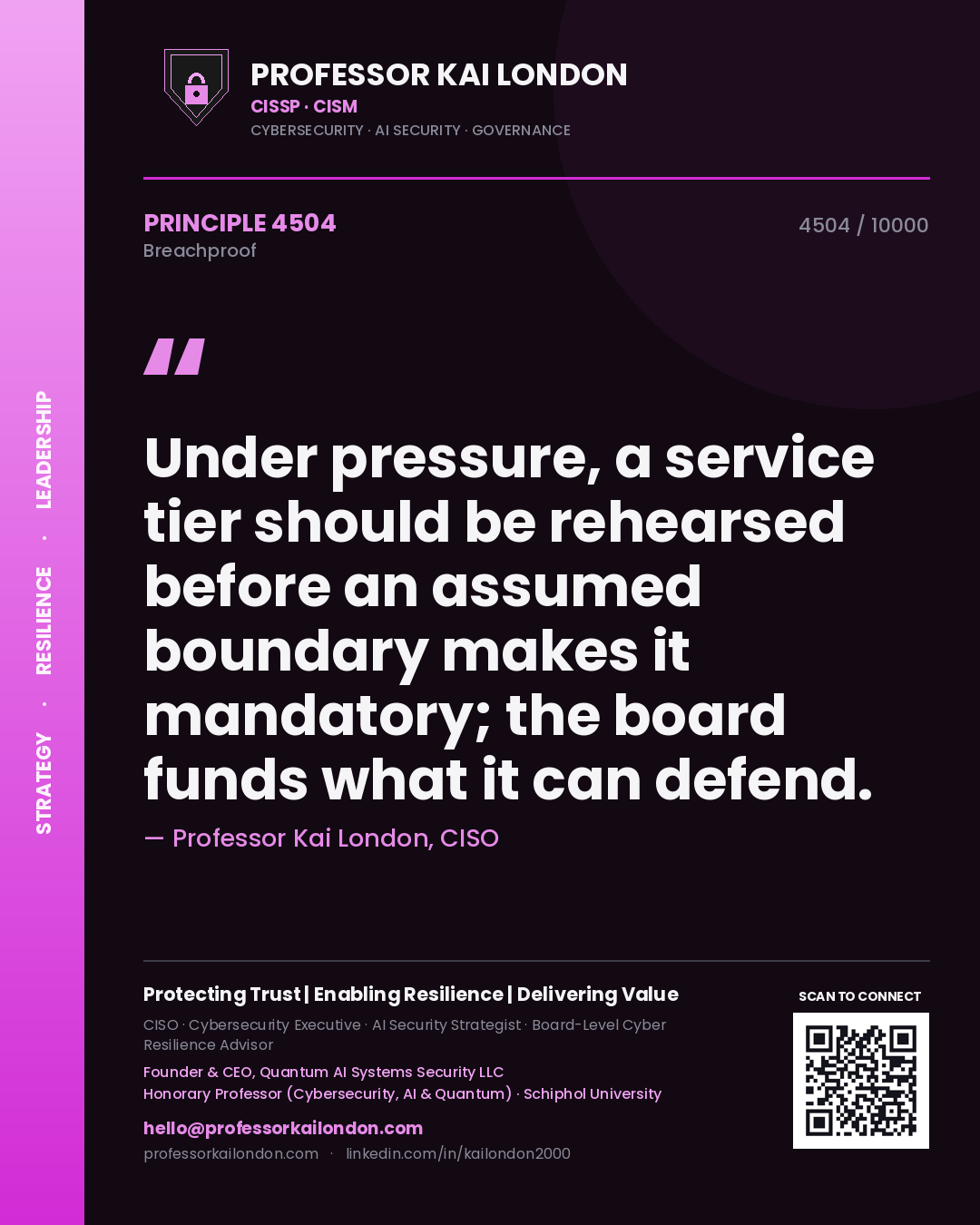 Professor Kai London principle 4504: Under pressure, a service tier should be rehearsed before an assumed boundary makes it mandatory; the board funds what it can defend.