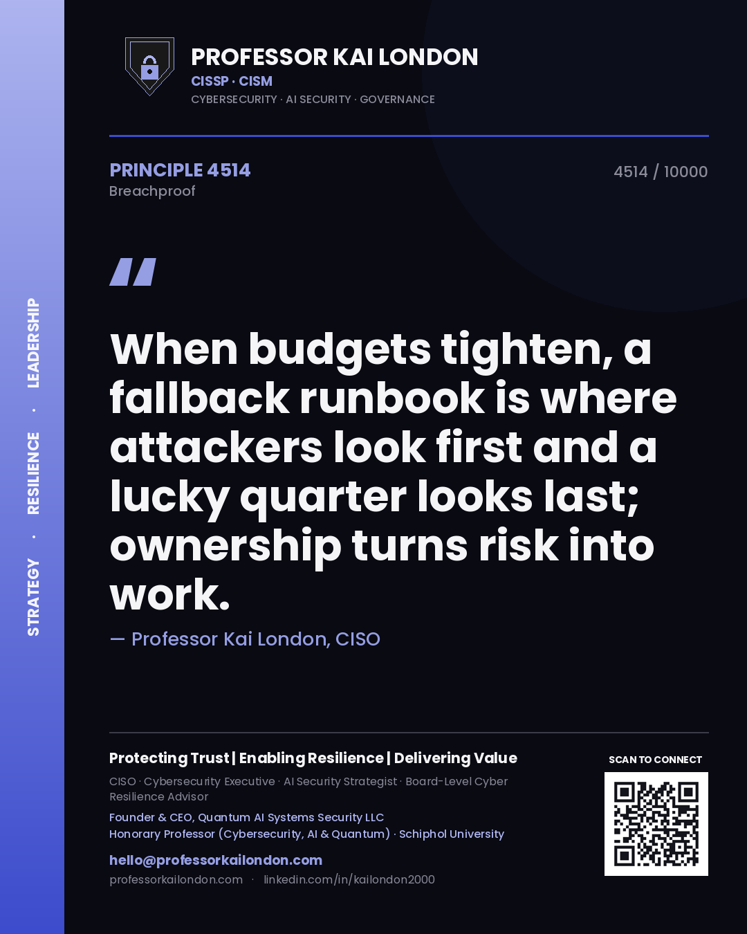 Quote card by Professor Kai London reading 'When budgets tighten, a fallback runbook is where attackers look first and a lucky quarter looks last; ownership turns risk into work.'. From the book Breachproof.
