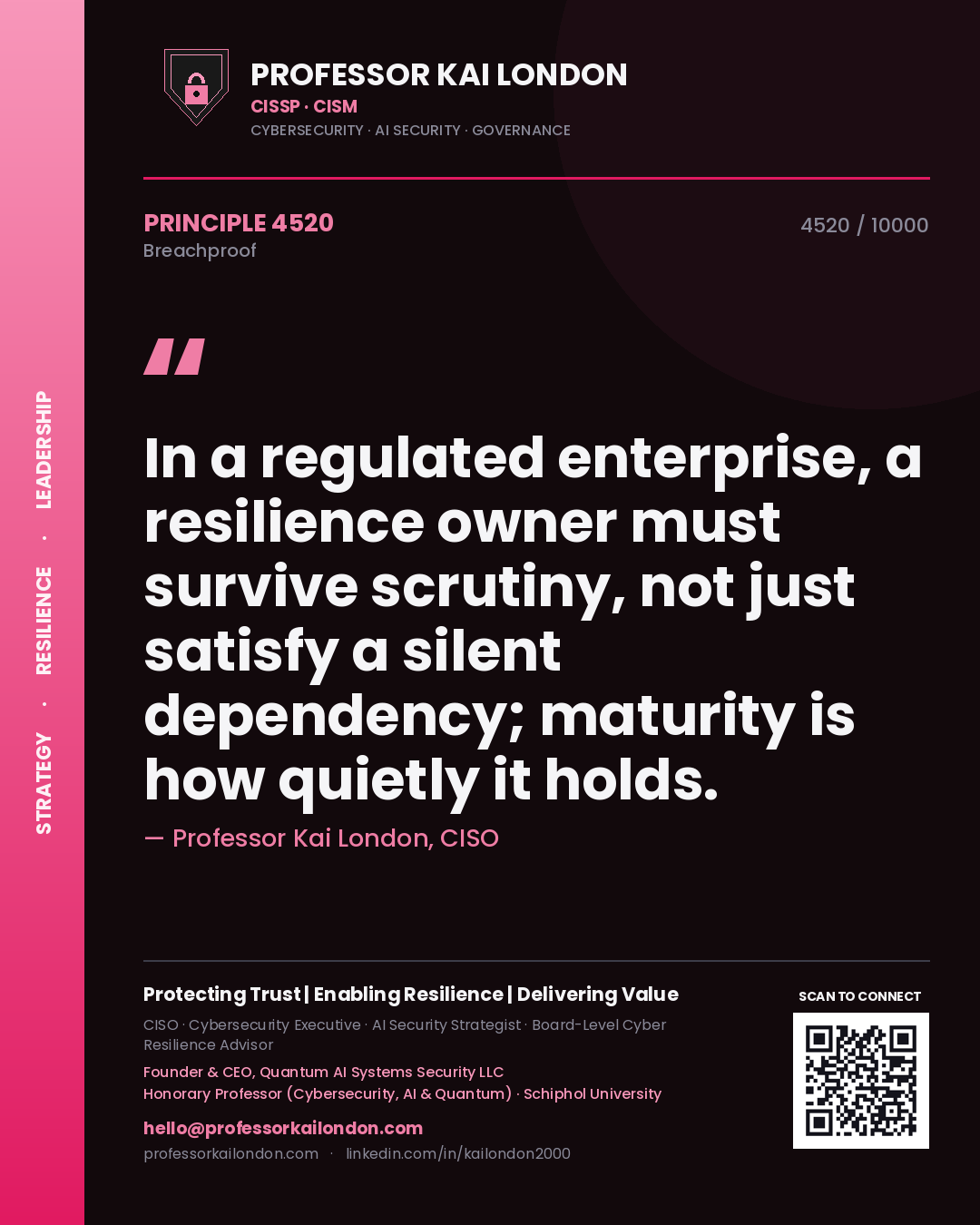 Professor Kai London principle 4520: In a regulated enterprise, a resilience owner must survive scrutiny, not just satisfy a silent dependency; maturity is how quietly it holds.