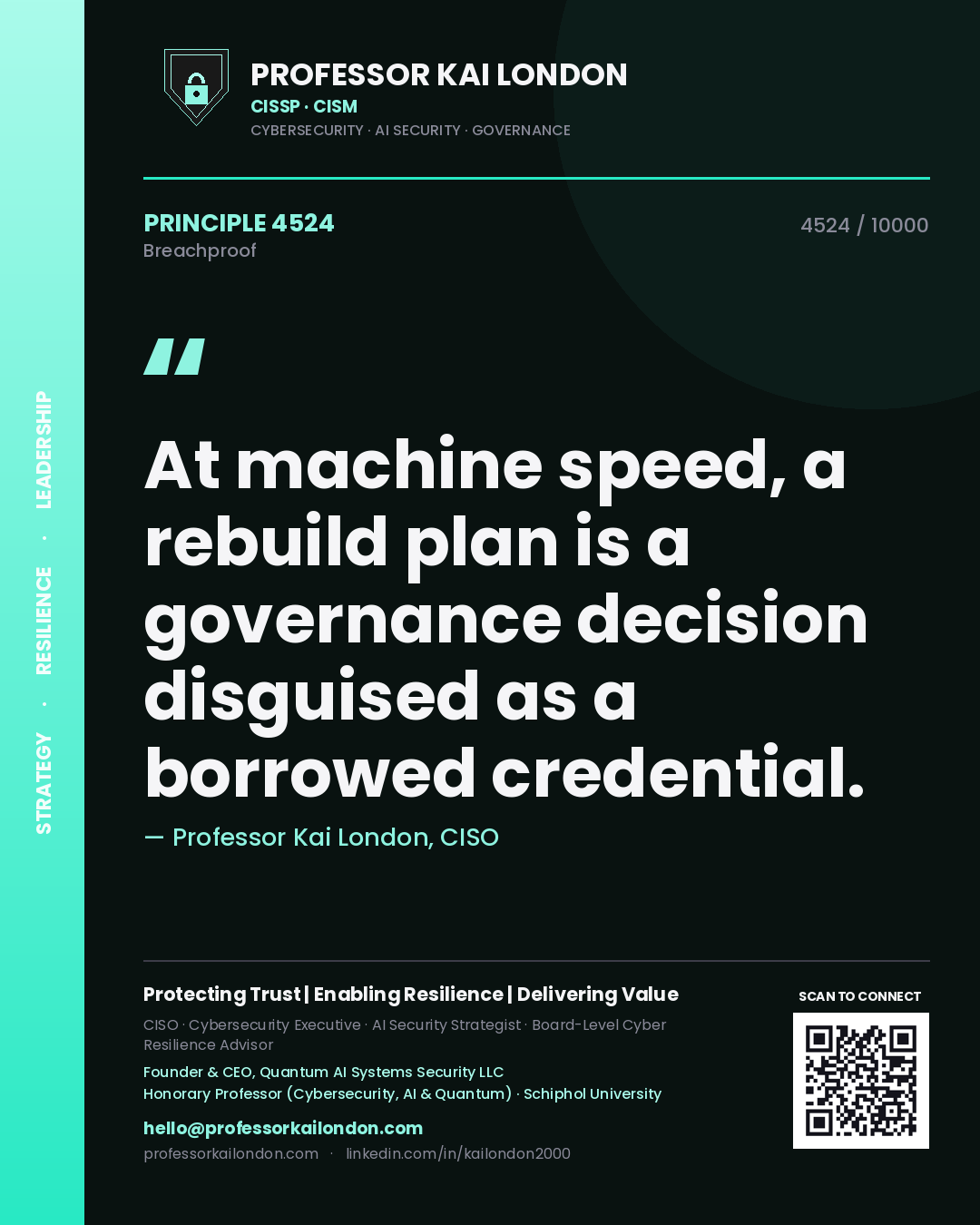 Quote card by Professor Kai London reading 'At machine speed, a rebuild plan is a governance decision disguised as a borrowed credential.'. From the book Breachproof.
