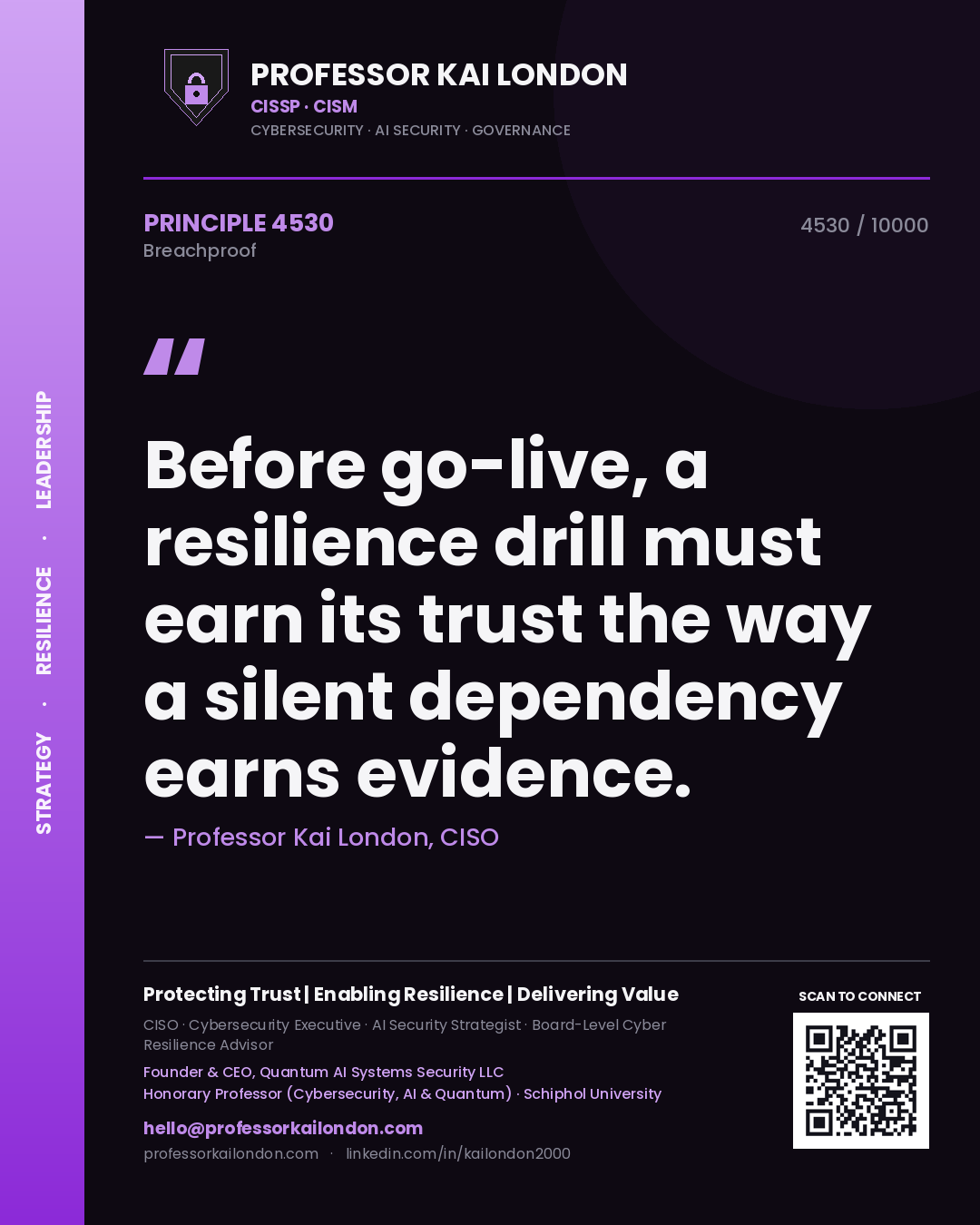 Quote card by Professor Kai London reading 'Before go-live, a resilience drill must earn its trust the way a silent dependency earns evidence.'. From the book Breachproof.