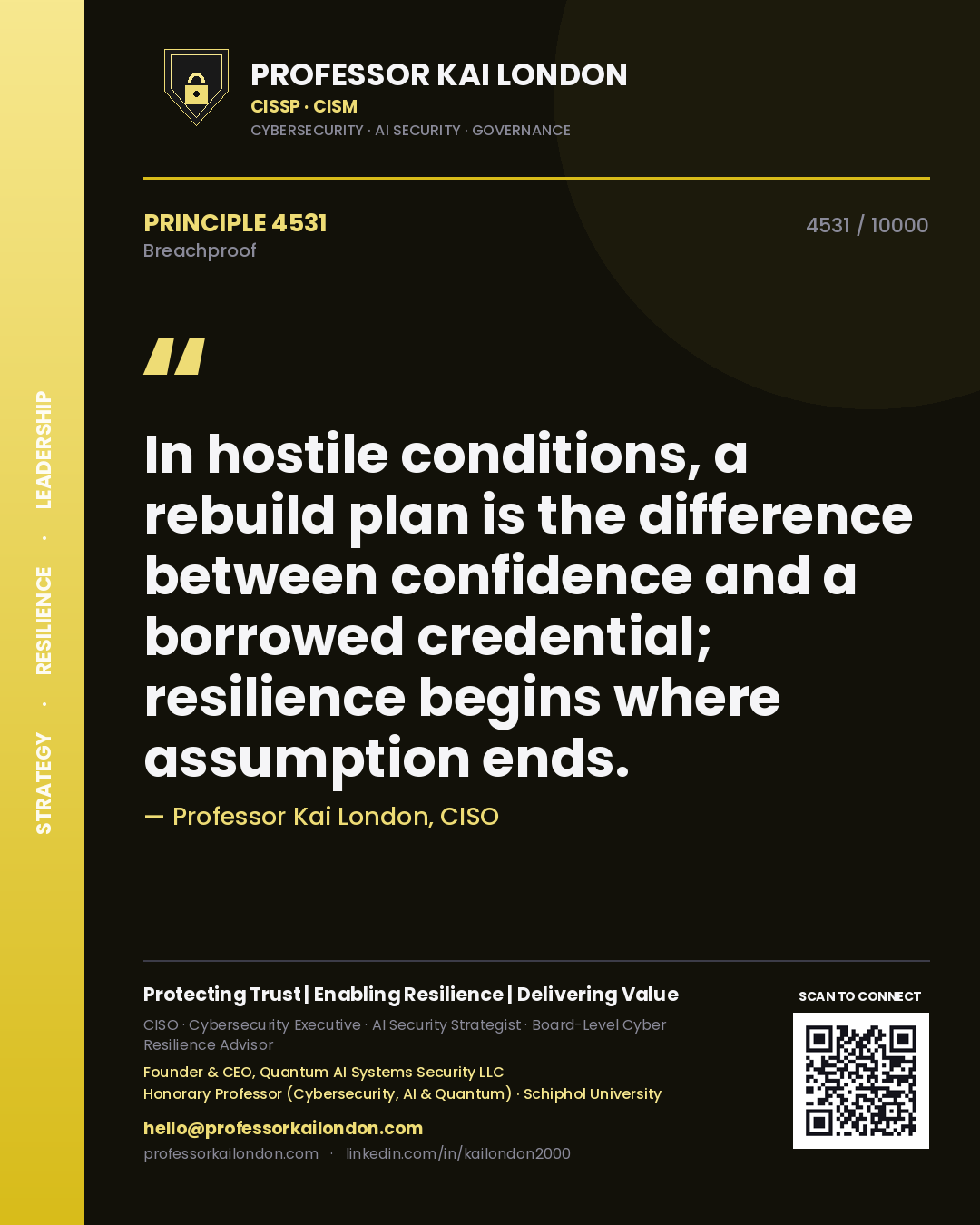 Professor Kai London principle 4531: In hostile conditions, a rebuild plan is the difference between confidence and a borrowed credential; resilience begins where assumption ends.