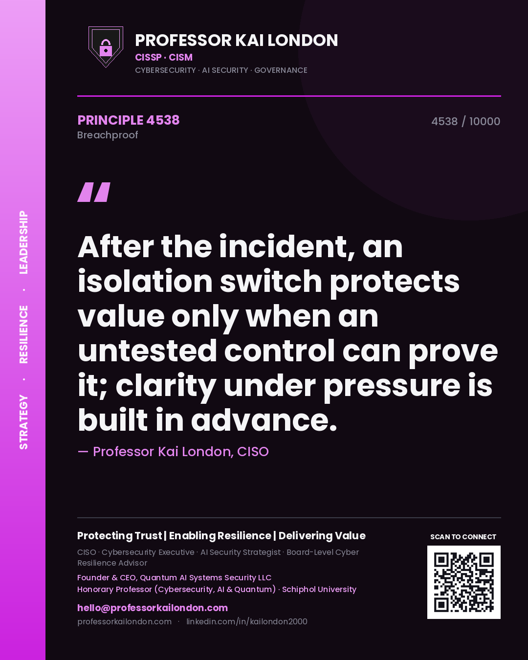Quote card by Professor Kai London reading 'After the incident, an isolation switch protects value only when an untested control can prove it; clarity under pressure is built in advance.'. From the book Breachproof.