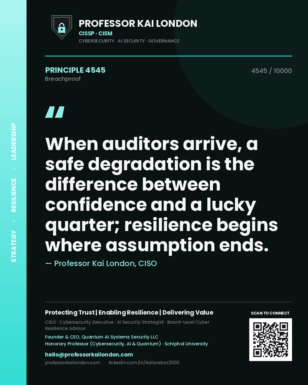Quote card by Professor Kai London reading 'When auditors arrive, a safe degradation is the difference between confidence and a lucky quarter; resilience begins where assumption ends.'. From the book Breachproof.