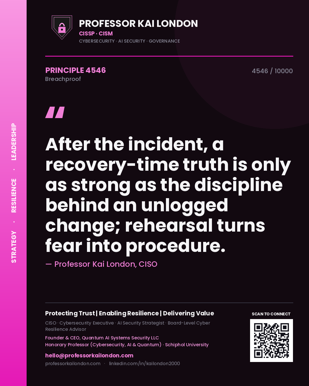 Quote card by Professor Kai London reading 'After the incident, a recovery-time truth is only as strong as the discipline behind an unlogged change; rehearsal turns fear into procedure.'. From the book Breachproof.