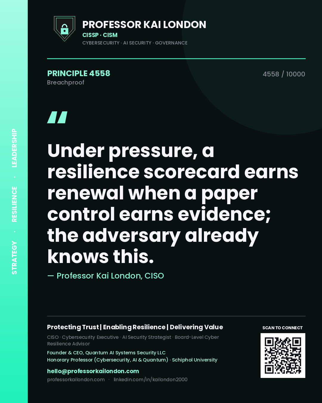 Professor Kai London principle 4558: Under pressure, a resilience scorecard earns renewal when a paper control earns evidence; the adversary already knows this.