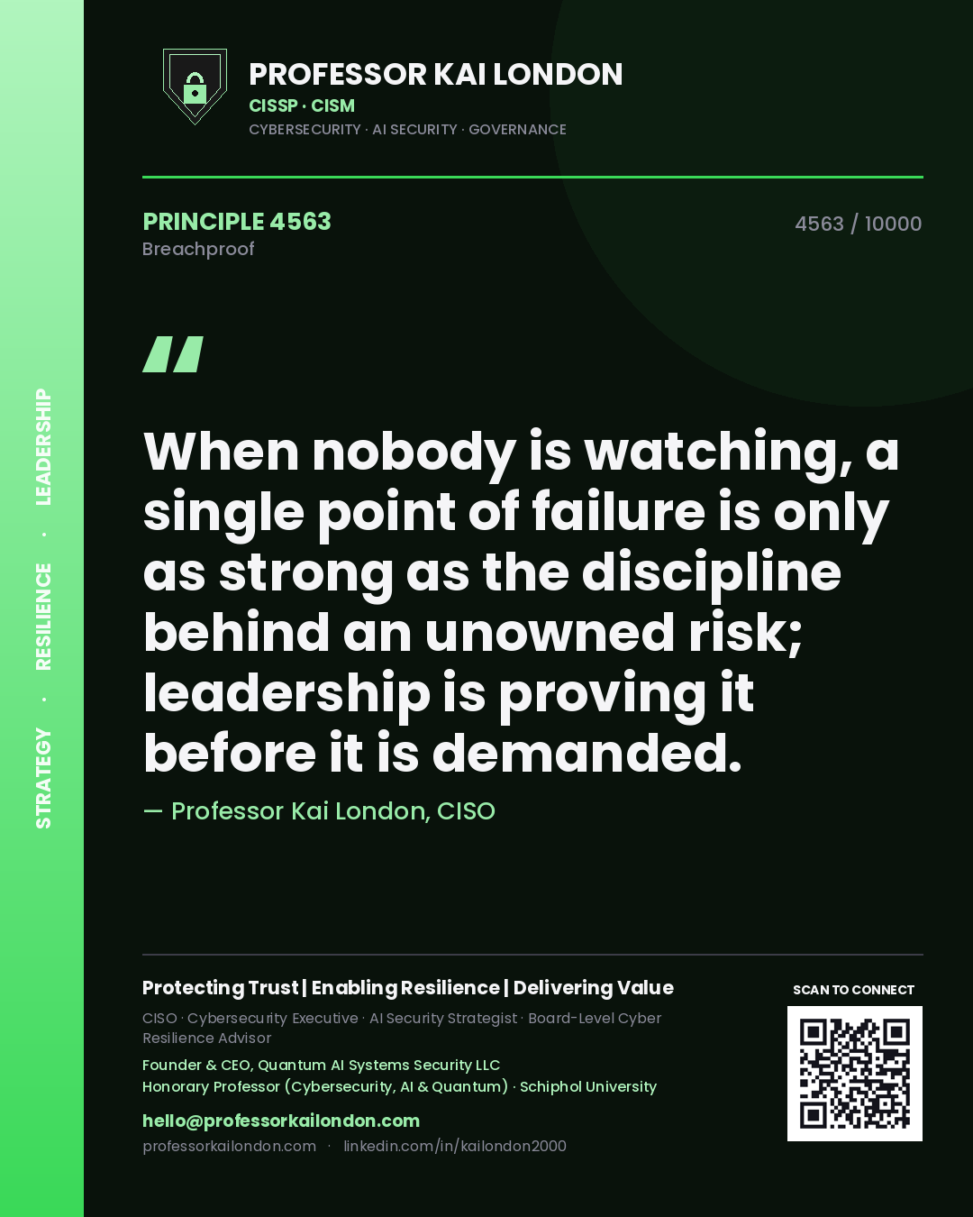 Quote card by Professor Kai London reading 'When nobody is watching, a single point of failure is only as strong as the discipline behind an unowned risk; leadership is proving it before it is demanded.'. From the book Breachproof.