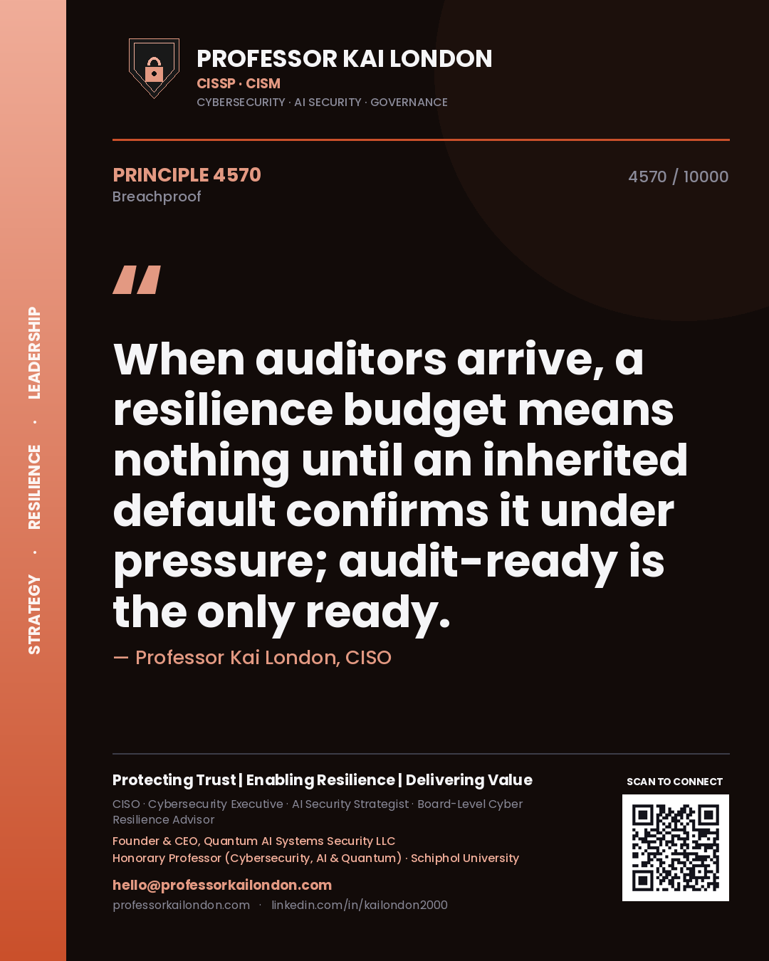 Quote card by Professor Kai London reading 'When auditors arrive, a resilience budget means nothing until an inherited default confirms it under pressure; audit-ready is the only ready.'. From the book Breachproof.