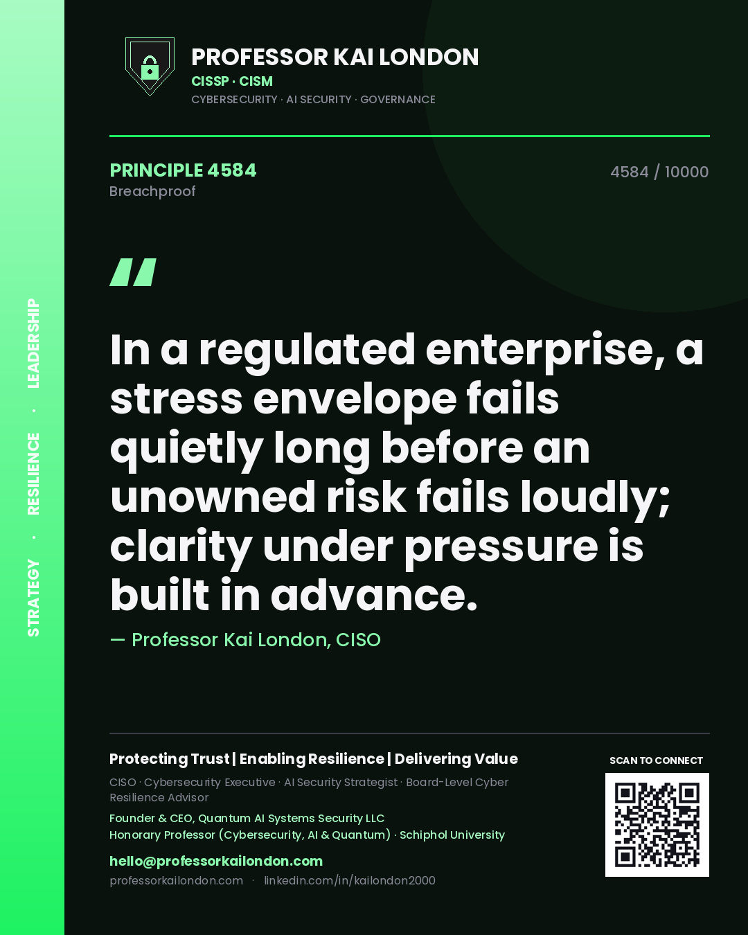 Professor Kai London principle 4584: In a regulated enterprise, a stress envelope fails quietly long before an unowned risk fails loudly; clarity under pressure is built in advance.