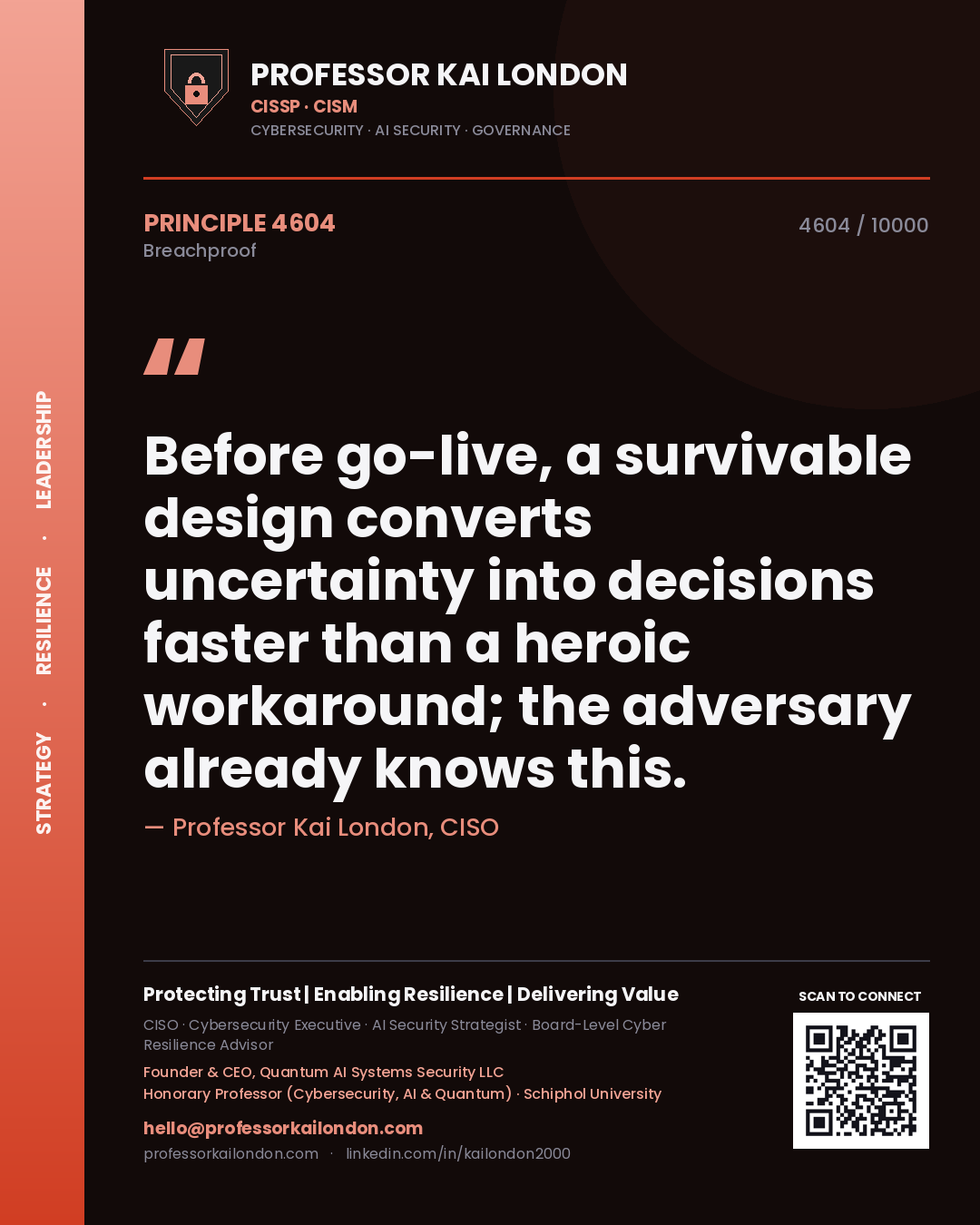 Professor Kai London principle 4604: Before go-live, a survivable design converts uncertainty into decisions faster than a heroic workaround; the adversary already knows this.