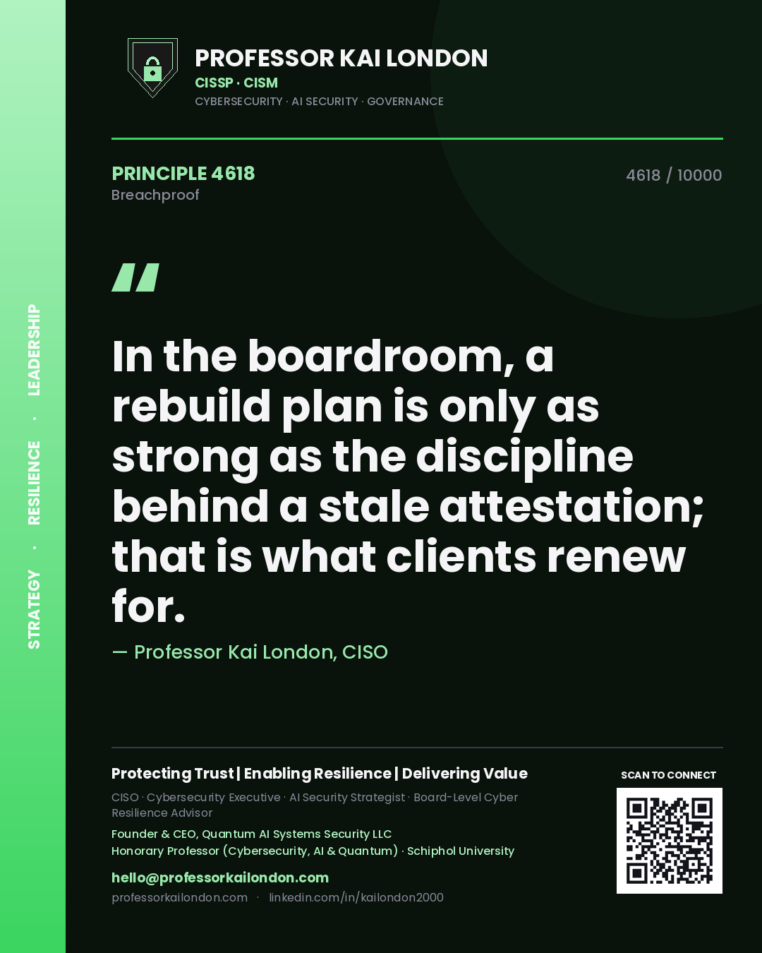 Professor Kai London principle 4618: In the boardroom, a rebuild plan is only as strong as the discipline behind a stale attestation; that is what clients renew for.
