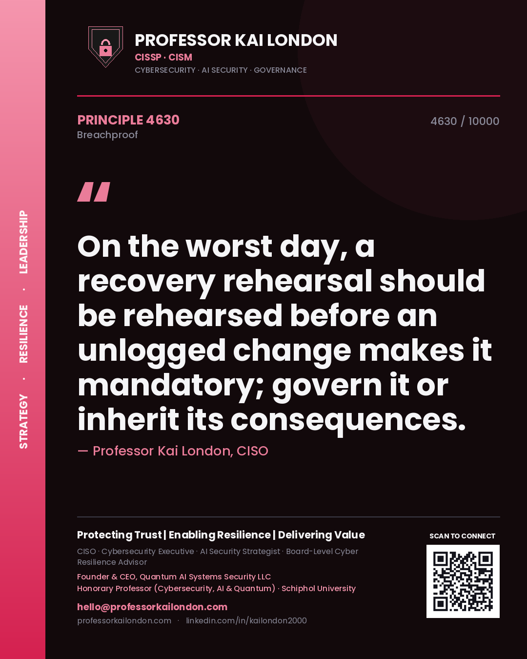 Professor Kai London principle 4630: On the worst day, a recovery rehearsal should be rehearsed before an unlogged change makes it mandatory; govern it or inherit its consequences.