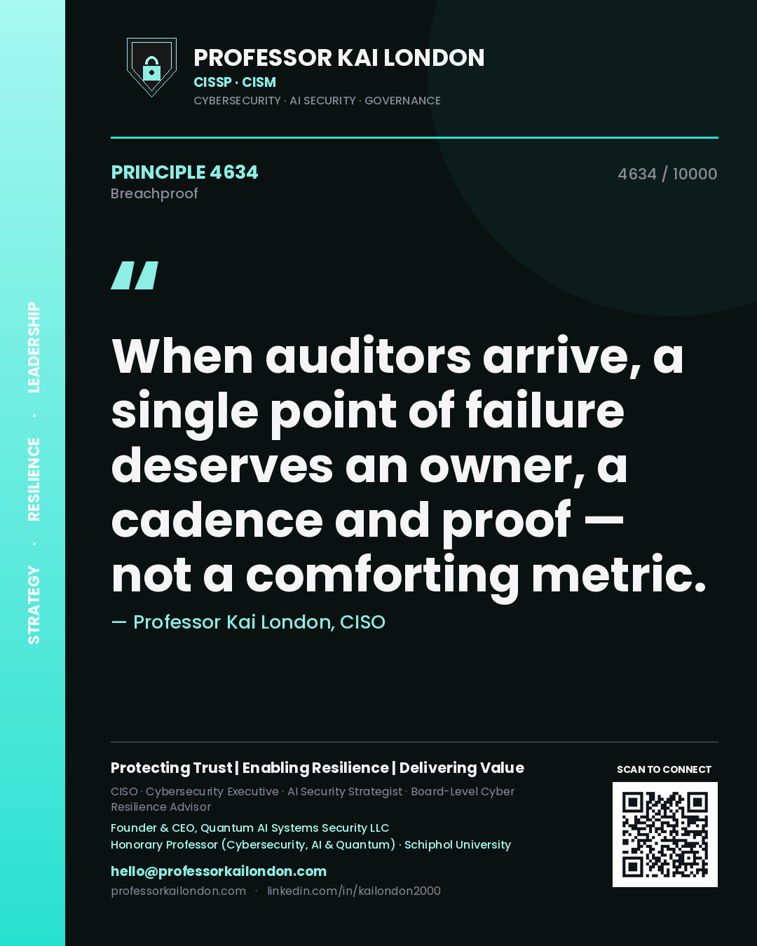 Professor Kai London principle 4634: When auditors arrive, a single point of failure deserves an owner, a cadence and proof — not a comforting metric.