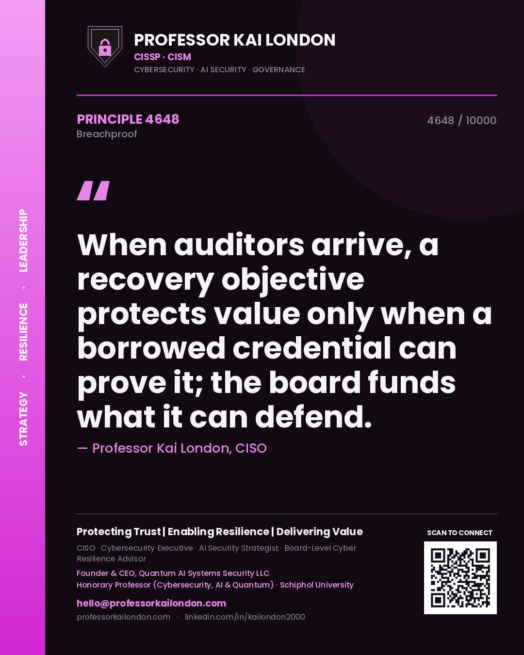 Quote card by Professor Kai London reading 'When auditors arrive, a recovery objective protects value only when a borrowed credential can prove it; the board funds what it can defend.'. From the book Breachproof.