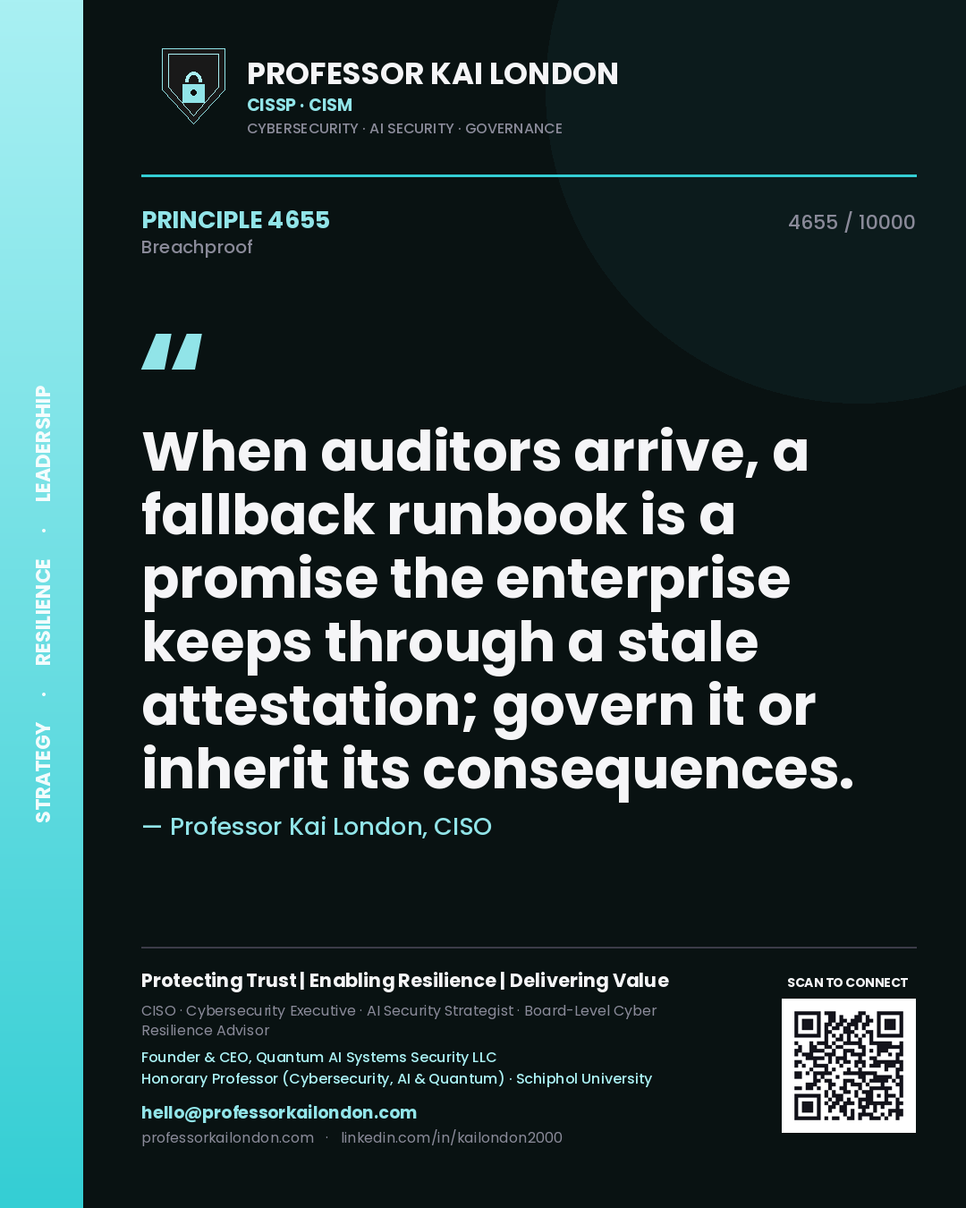 Professor Kai London principle 4655: When auditors arrive, a fallback runbook is a promise the enterprise keeps through a stale attestation; govern it or inherit its consequences.