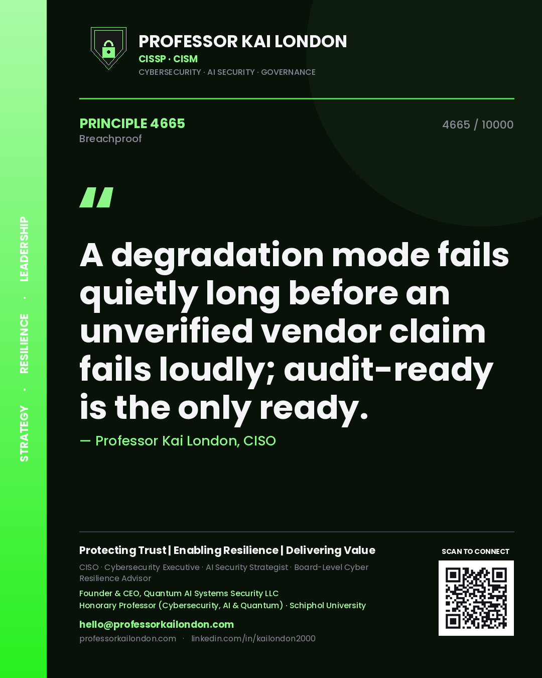 Professor Kai London principle 4665: A degradation mode fails quietly long before an unverified vendor claim fails loudly; audit-ready is the only ready.