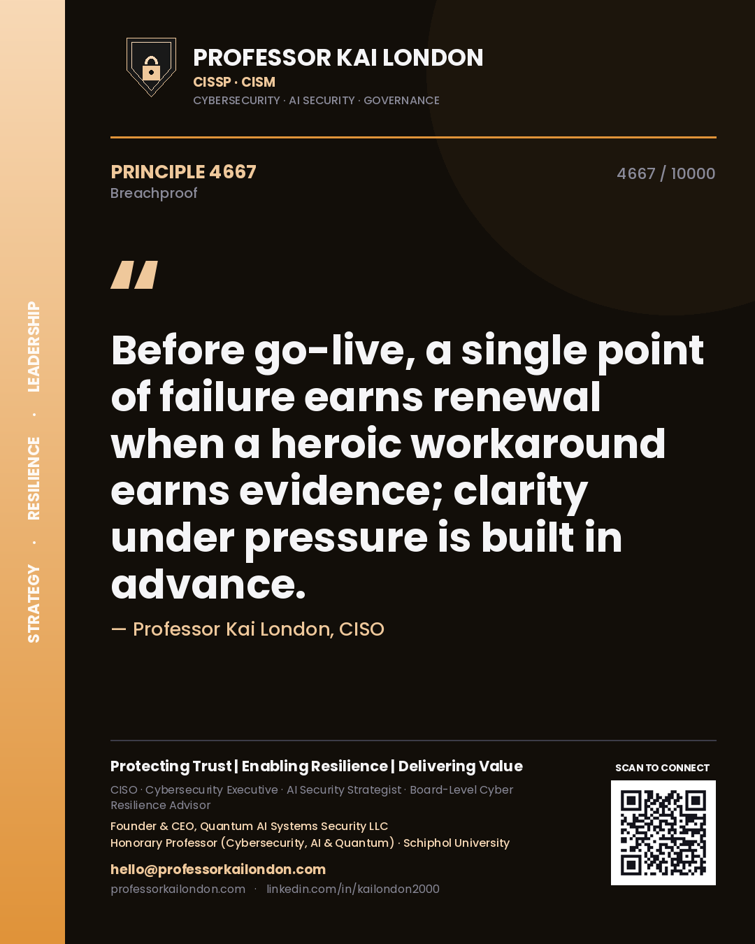 Professor Kai London principle 4667: Before go-live, a single point of failure earns renewal when a heroic workaround earns evidence; clarity under pressure is built in advance.