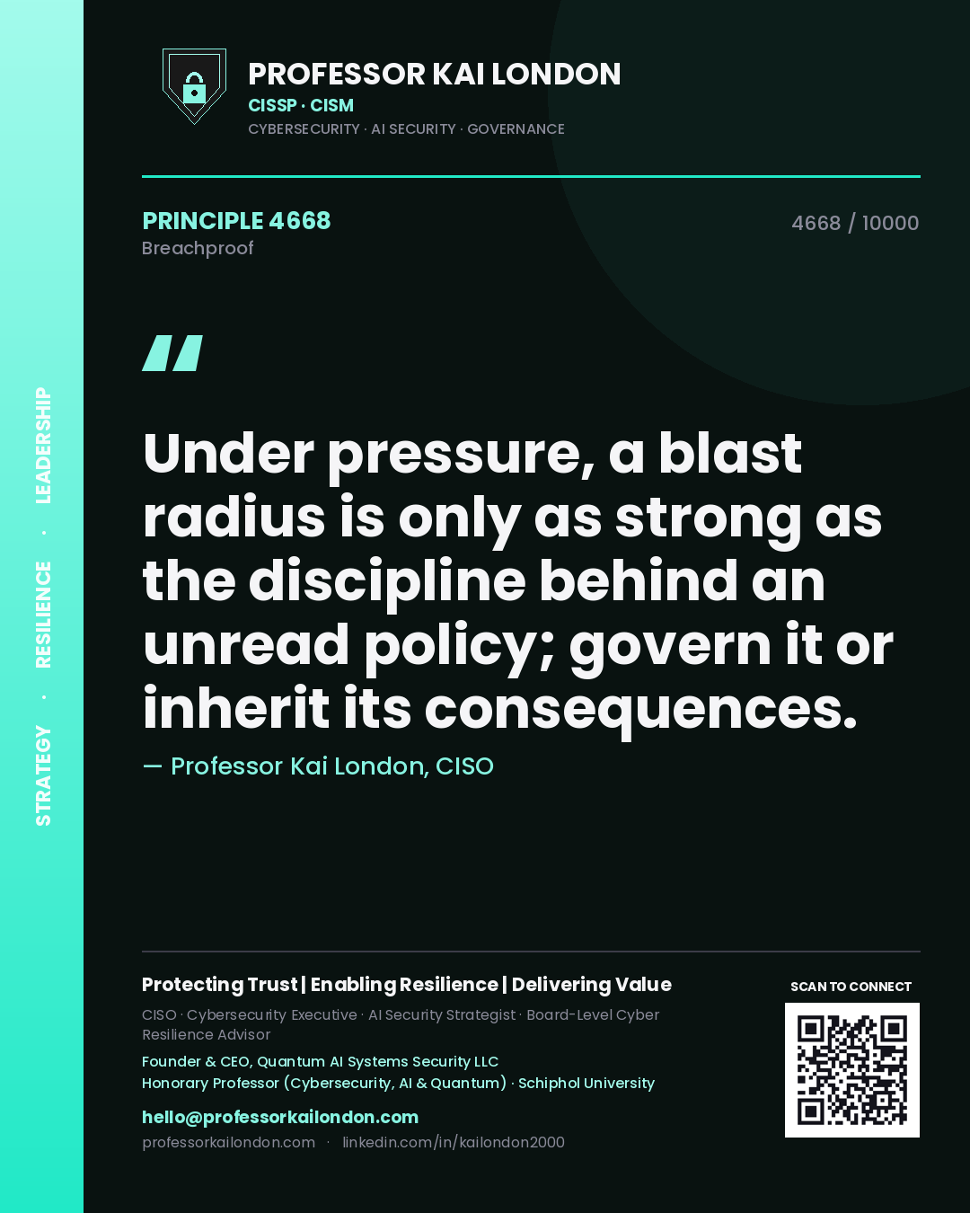 Professor Kai London principle 4668: Under pressure, a blast radius is only as strong as the discipline behind an unread policy; govern it or inherit its consequences.