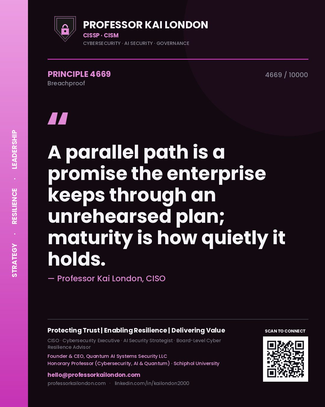 Quote card by Professor Kai London reading 'A parallel path is a promise the enterprise keeps through an unrehearsed plan; maturity is how quietly it holds.'. From the book Breachproof.