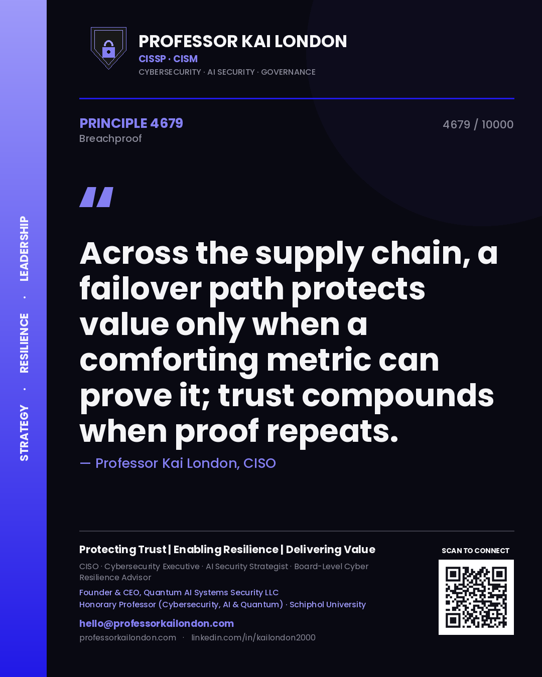 Quote card by Professor Kai London reading 'Across the supply chain, a failover path protects value only when a comforting metric can prove it; trust compounds when proof repeats.'. From the book Breachproof.