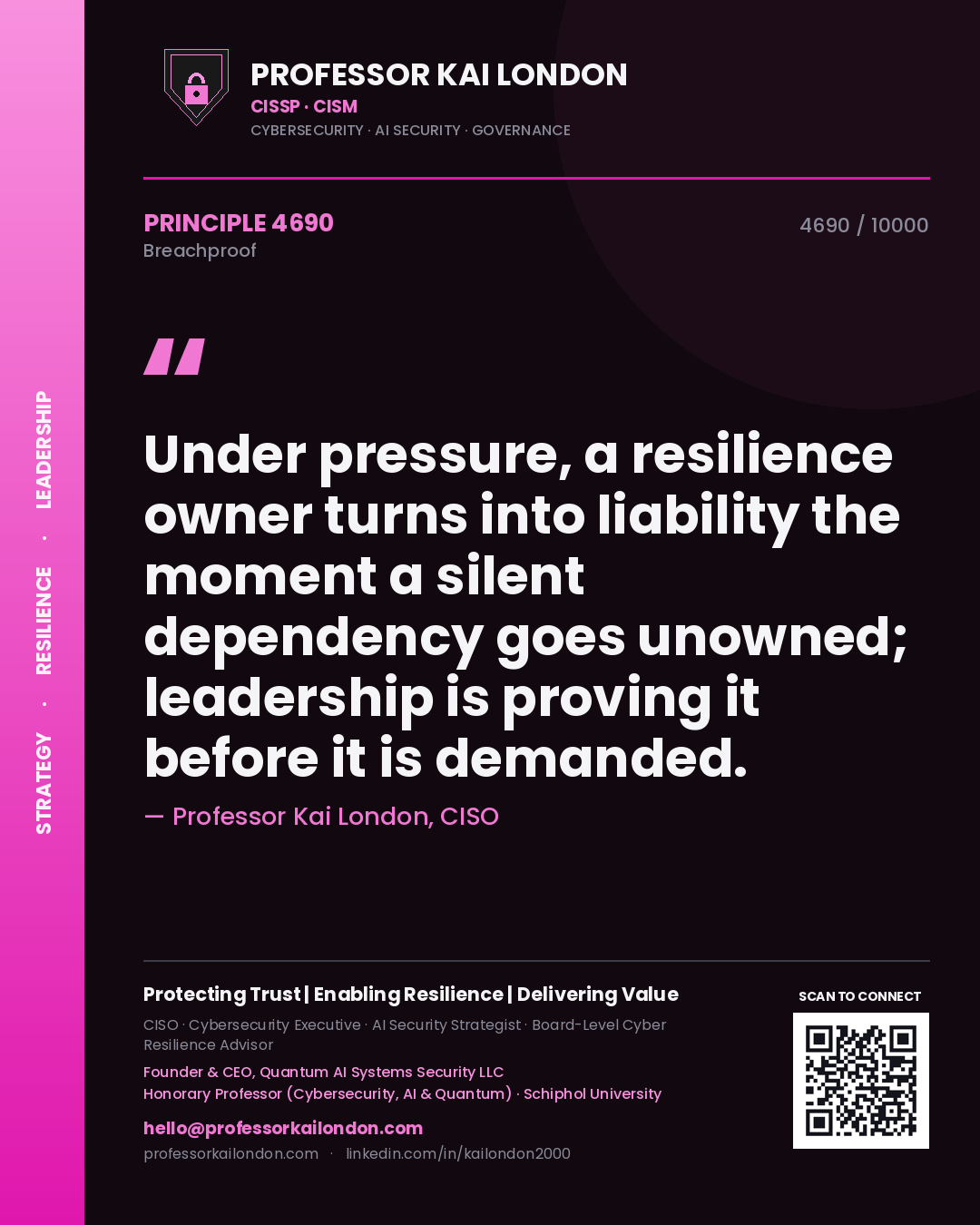 Quote card by Professor Kai London reading 'Under pressure, a resilience owner turns into liability the moment a silent dependency goes unowned; leadership is proving it before it is demanded.'. From the book Breachproof.