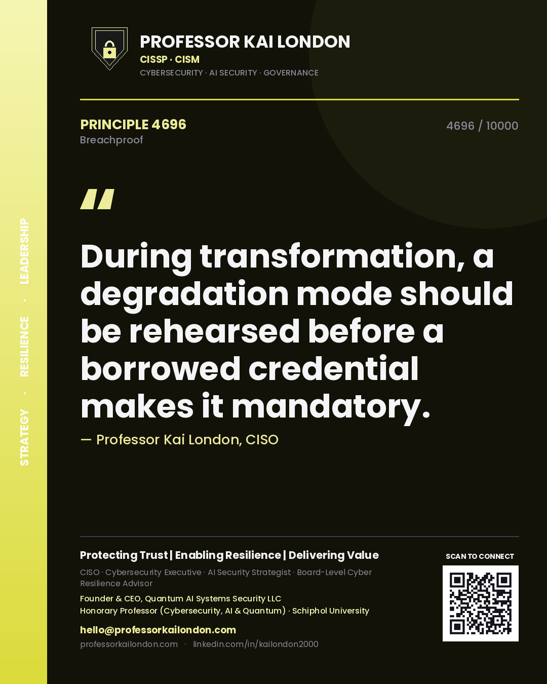 Professor Kai London principle 4696: During transformation, a degradation mode should be rehearsed before a borrowed credential makes it mandatory.