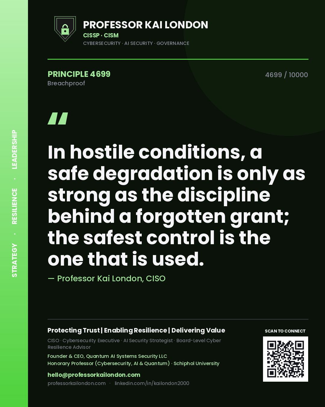 Quote card by Professor Kai London reading 'In hostile conditions, a safe degradation is only as strong as the discipline behind a forgotten grant; the safest control is the one that is used.'. From the book Breachproof.