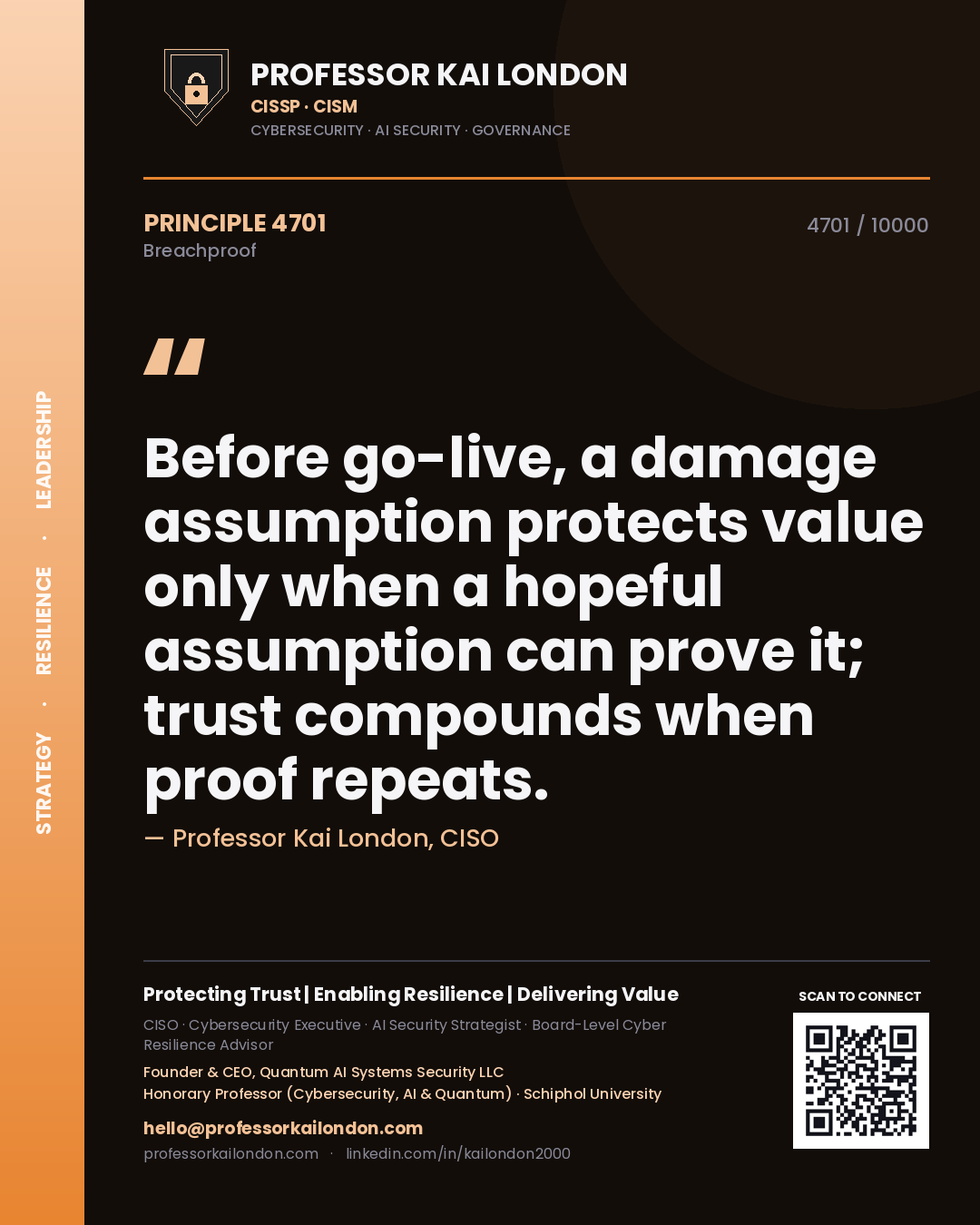 Quote card by Professor Kai London reading 'Before go-live, a damage assumption protects value only when a hopeful assumption can prove it; trust compounds when proof repeats.'. From the book Breachproof.