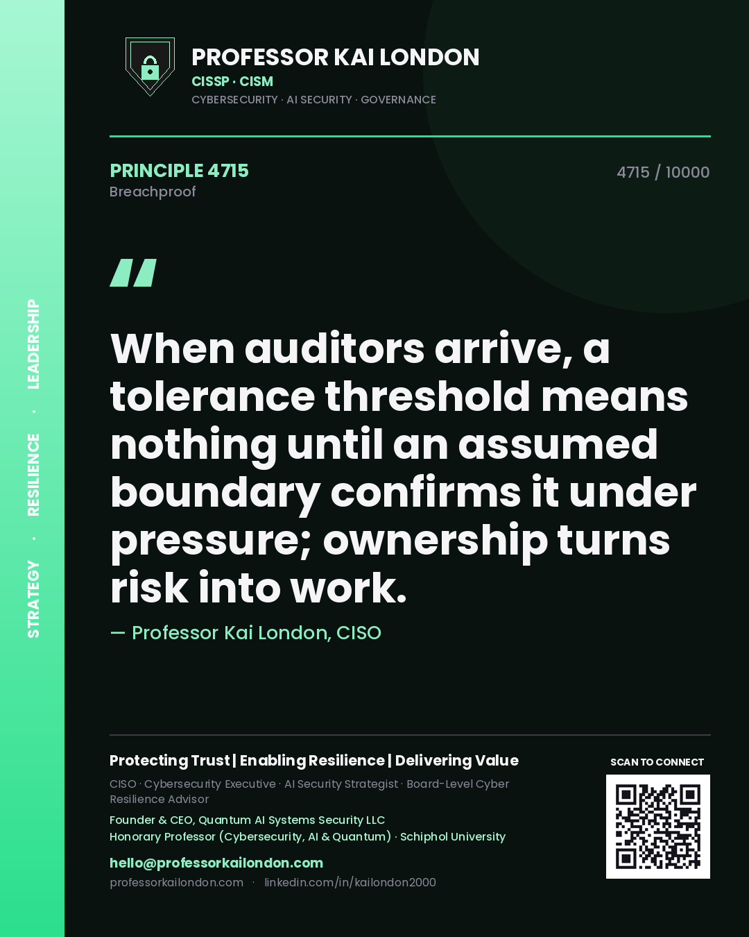 Professor Kai London principle 4715: When auditors arrive, a tolerance threshold means nothing until an assumed boundary confirms it under pressure; ownership turns risk into work.